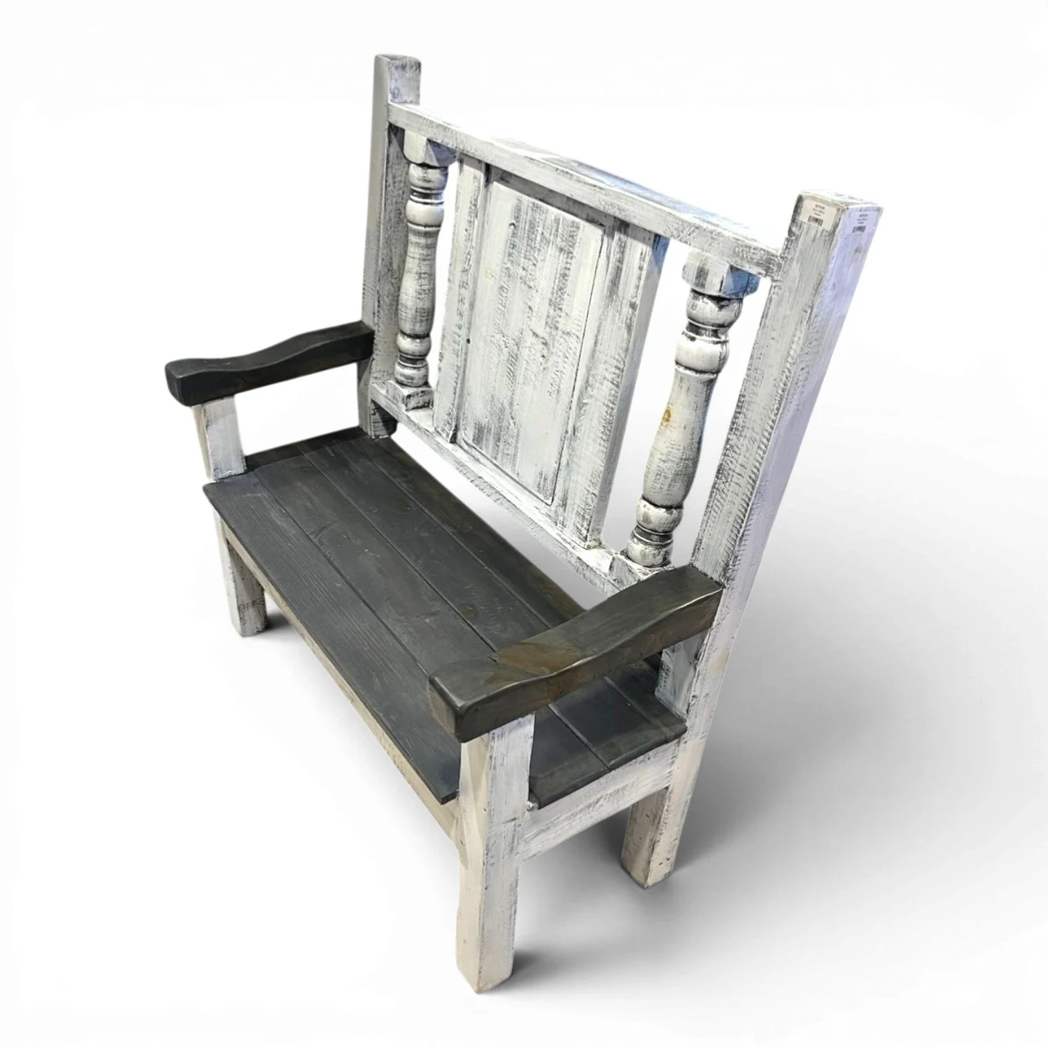 Handmade Mexican distressed white bench with black seat