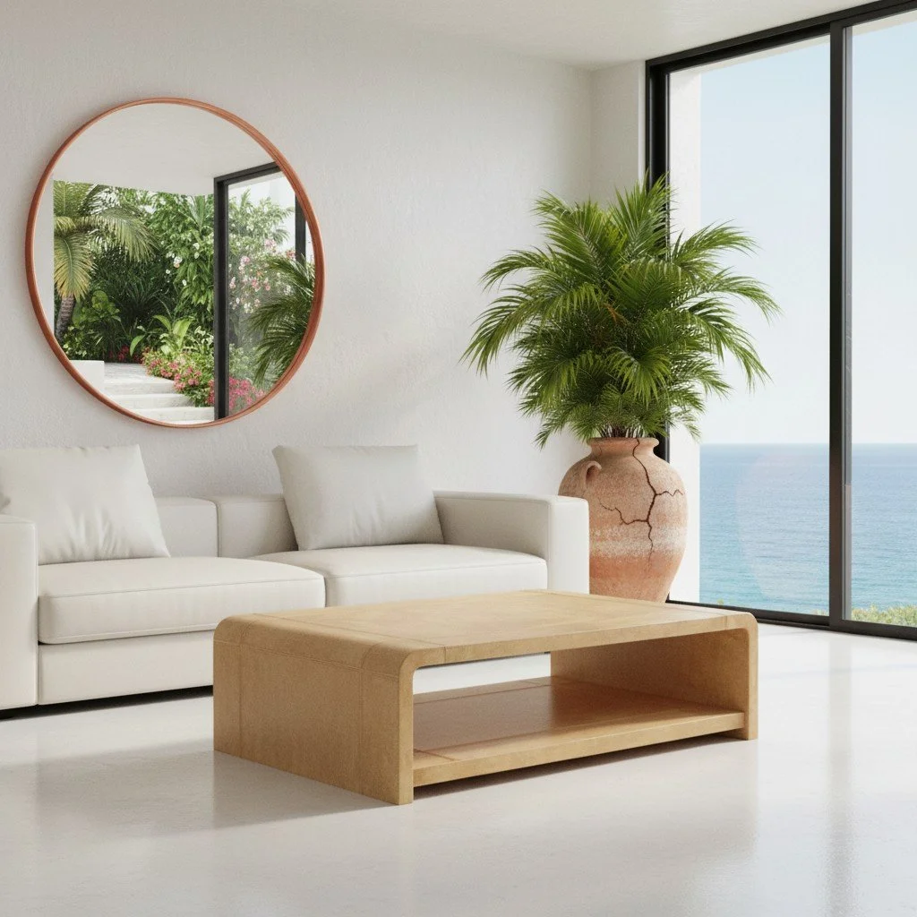 Handmade vegetable-tanned leather coffee table in natural tan with stitched detailing