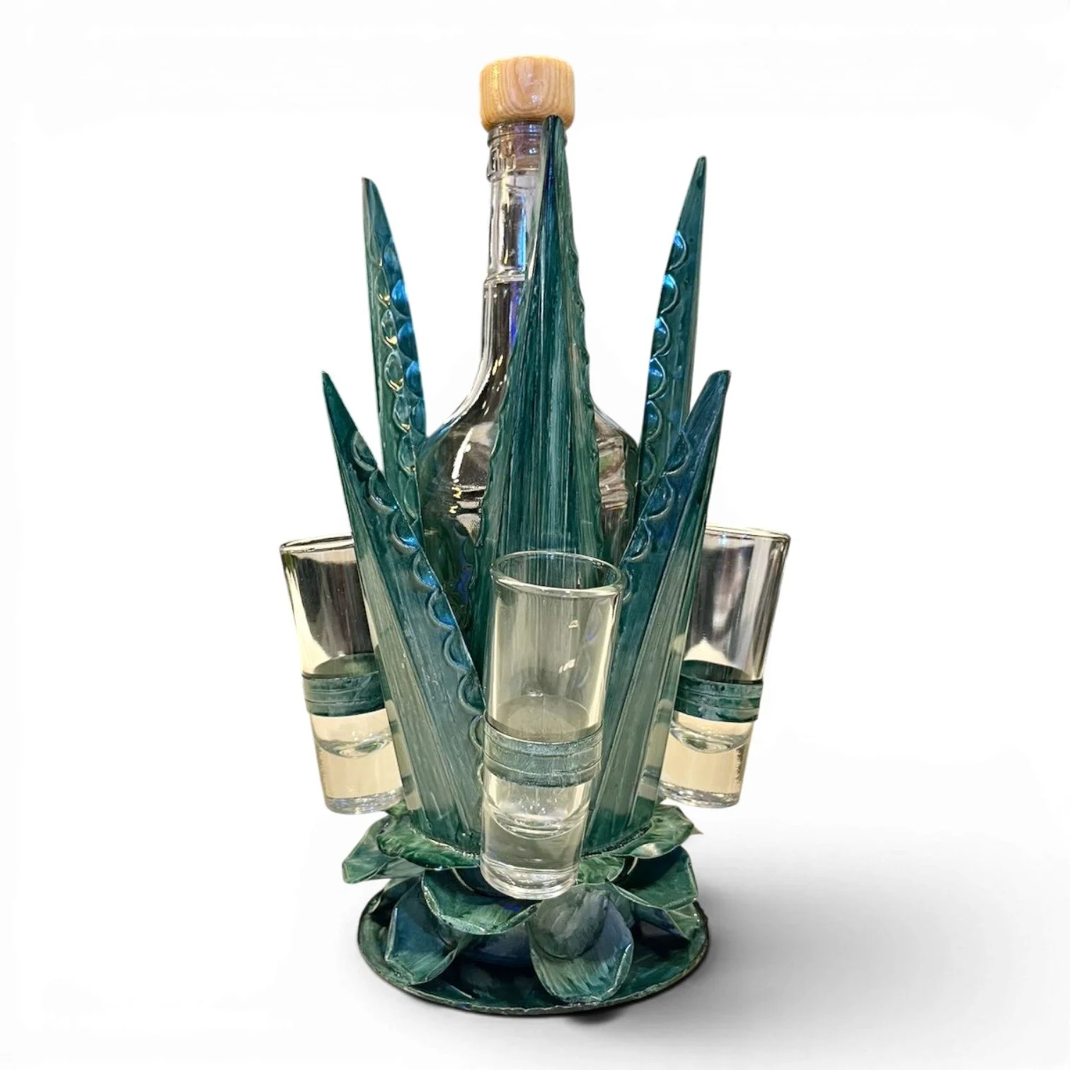 Medium handmade Mexican metal agave tequila set with agave green holder, tequila bottle, and four shot glasses