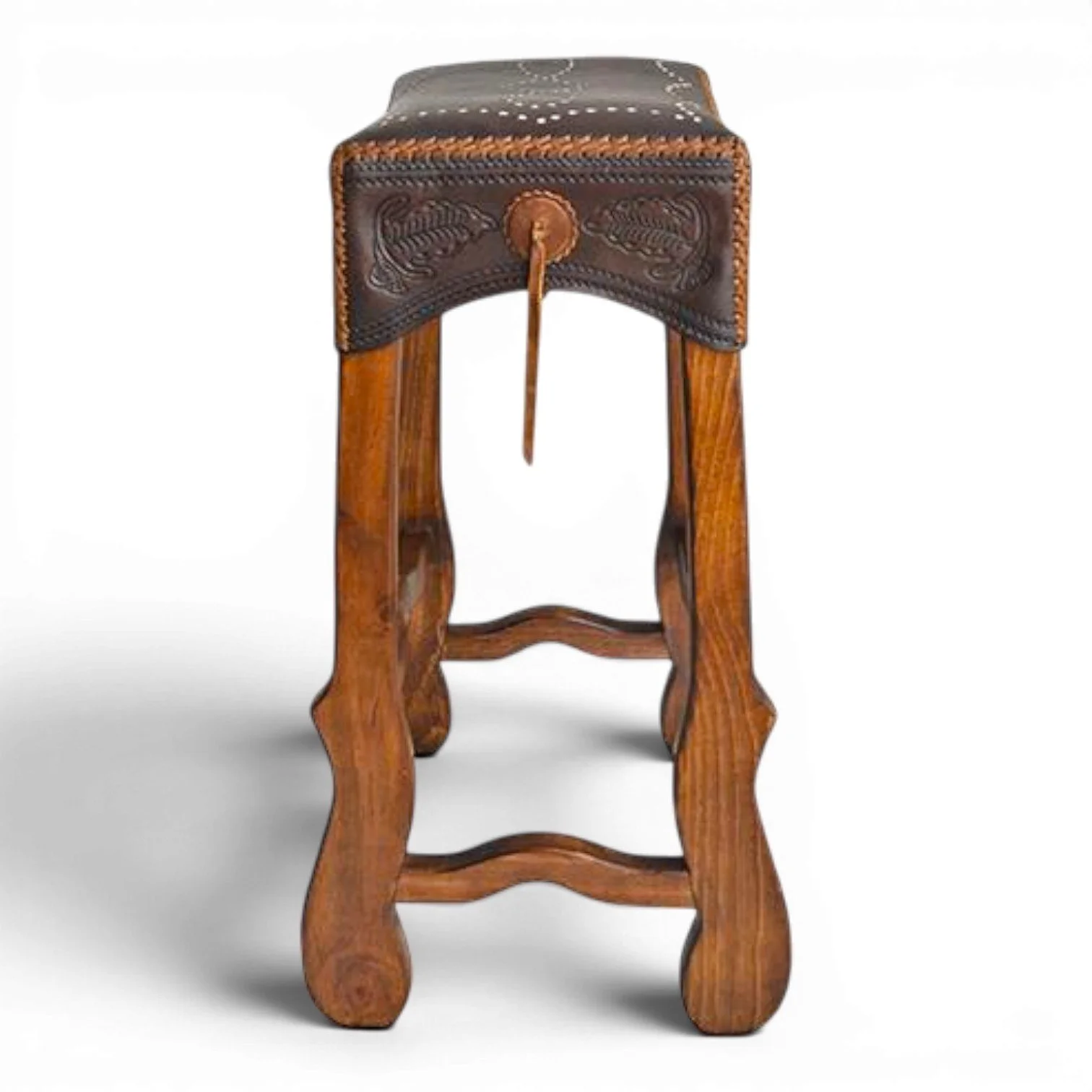 Handmade Durango stitched leather saddle stool with genuine leather seat and solid wood frame crafted in Mexico.