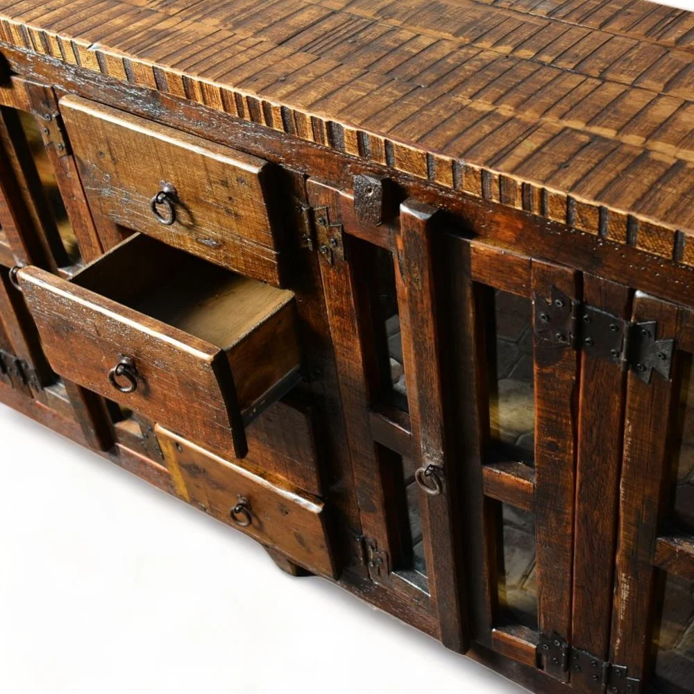 Handmade Mexican reclaimed wood buffet with glass doors and iron hardware