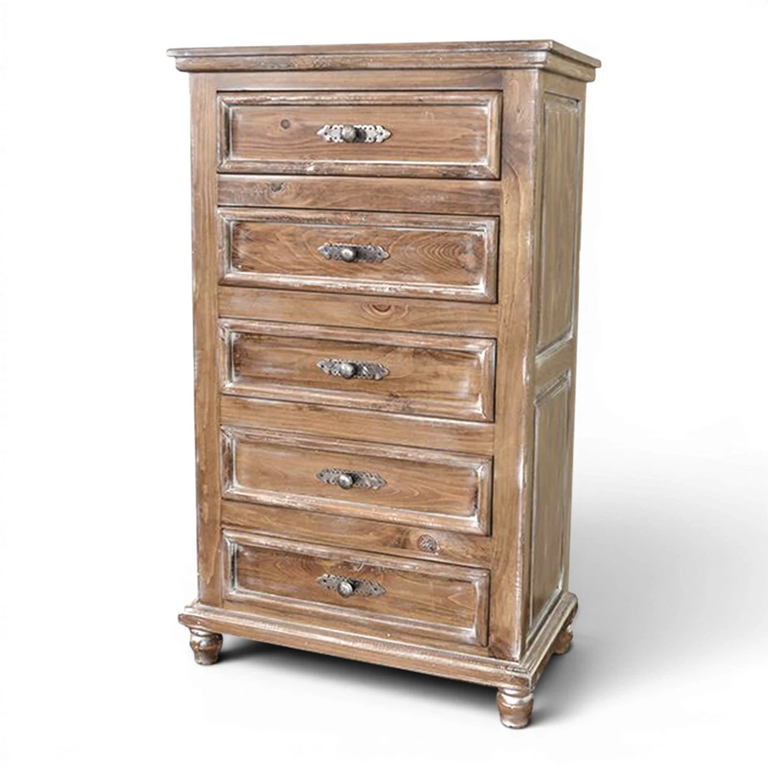 Handmade Mexican Arenas Blancas chest with coastal white washed finish and metal hardware