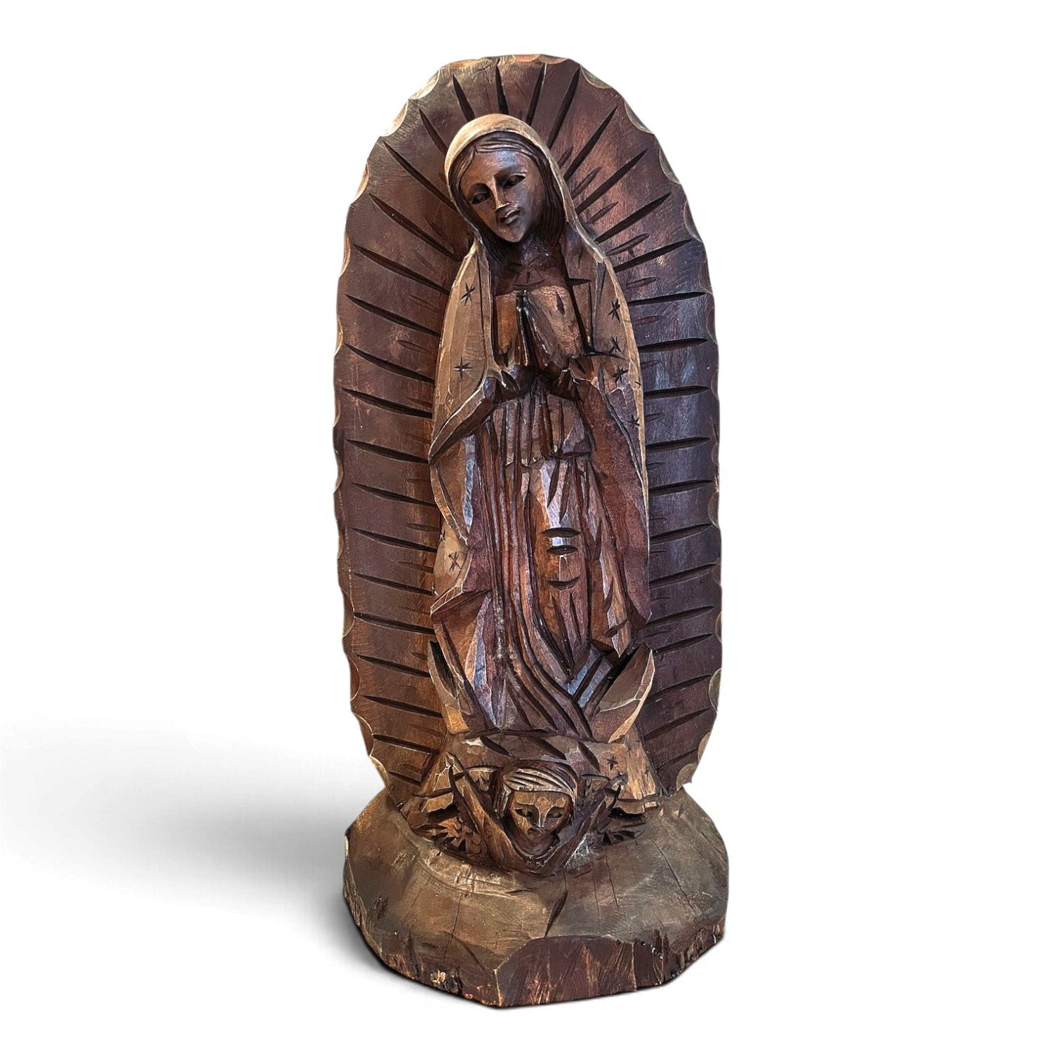 Handmade hand-carved mesquite wood Virgin Mary statue with dark stain finish