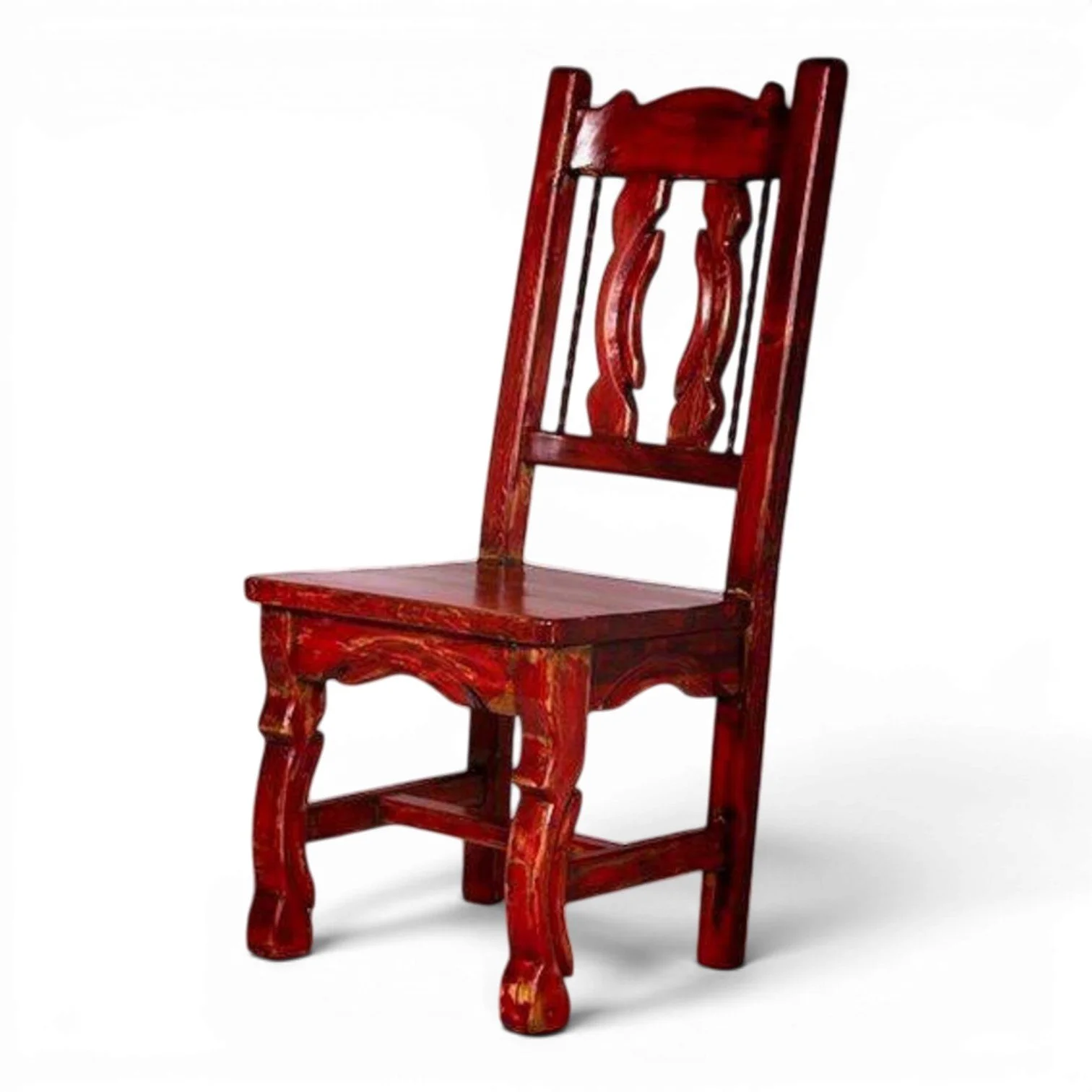 San Juanito handcrafted Mexican reclaimed wood dining chair with Western yoke-style back and twisted iron accents