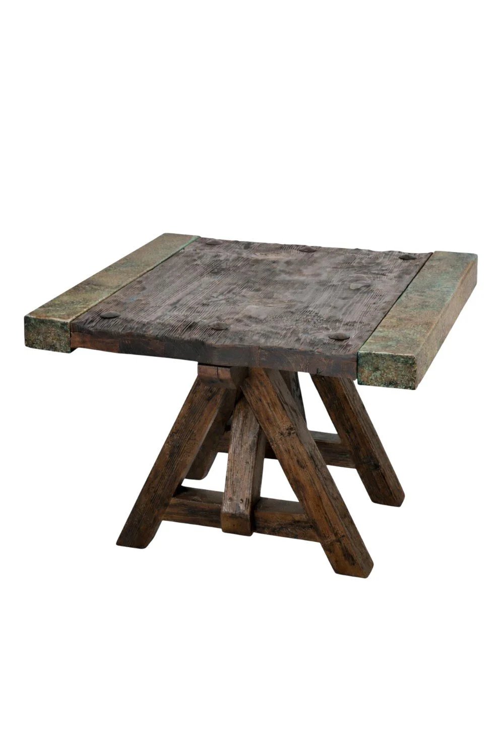 Shop the Floresville Copper Edge End Table Turquoise handmade in Mexico. Solid wood end table with copper accents, clavos, and vibrant artisan style.