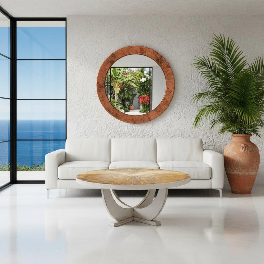 Handmade round wood coffee table with distressed white finish and sculptural base