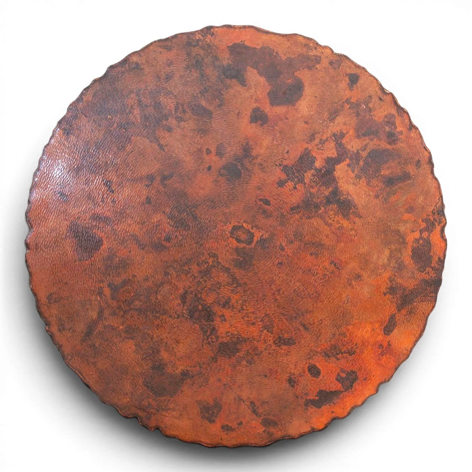 Handmade Camarena Cobre round dining table with hand-pounded copper top and dark wood base crafted in Mexico.