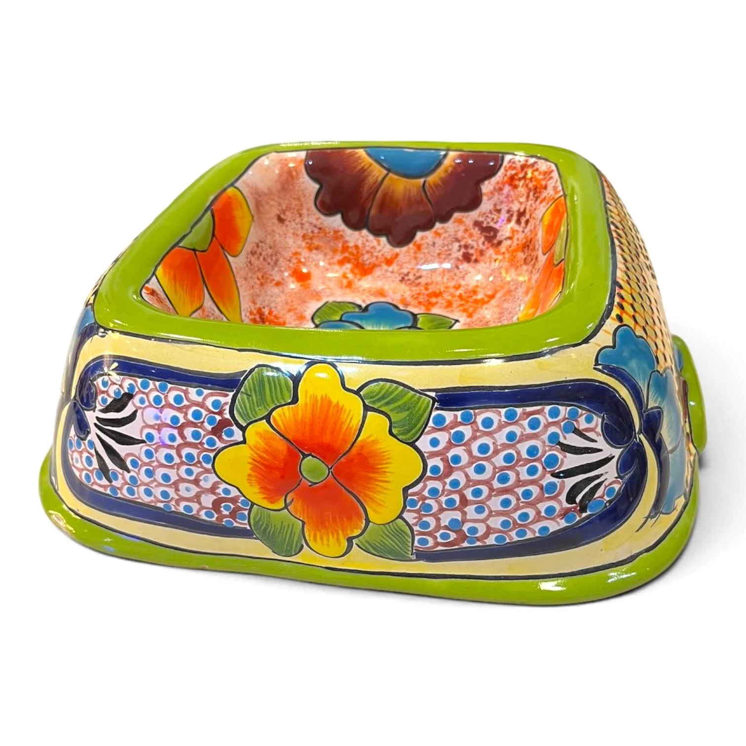 Handmade Talavera dog bowl with vibrant hand-painted design