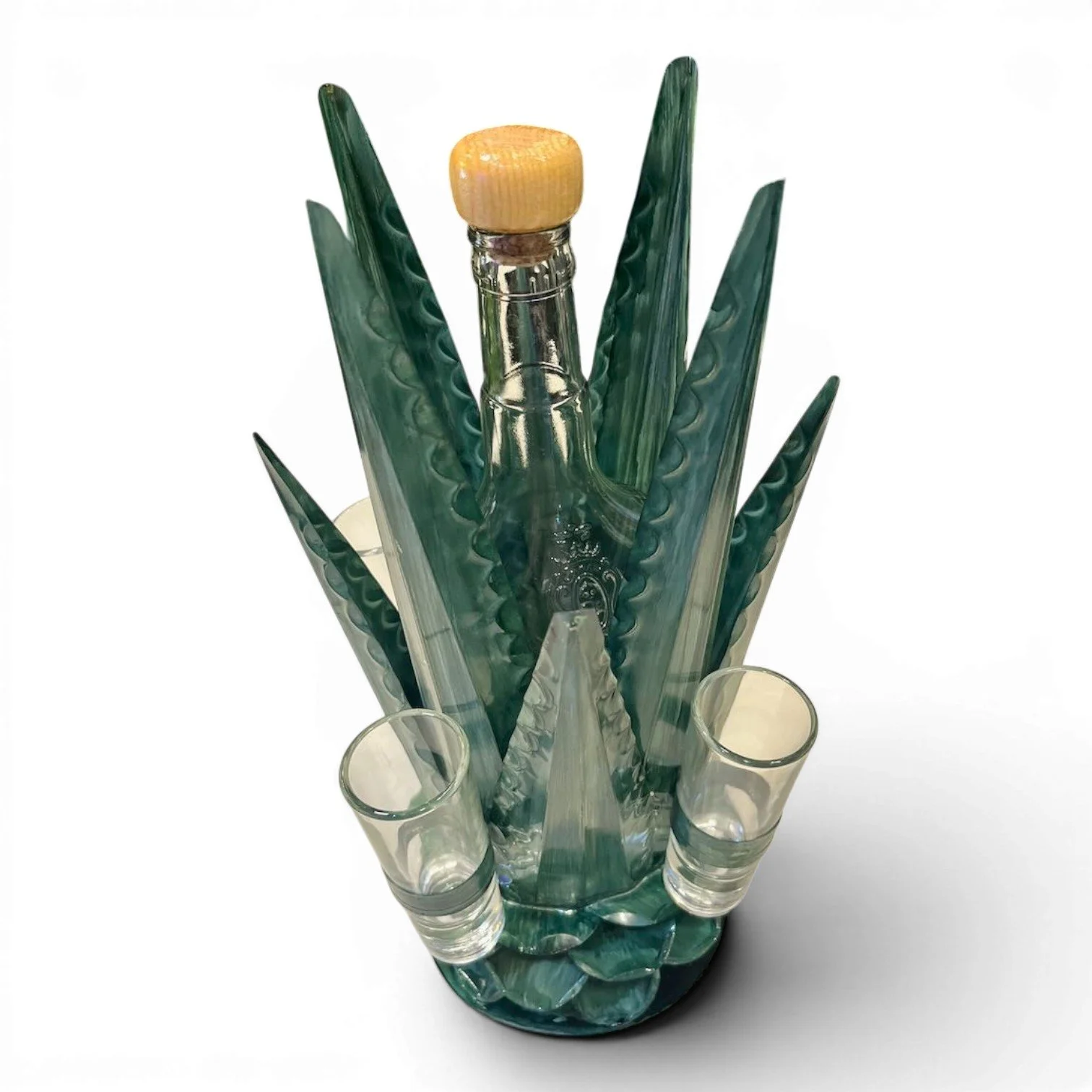 Large handmade Mexican metal agave tequila set with agave green holder, tequila bottle, and four shot glasses