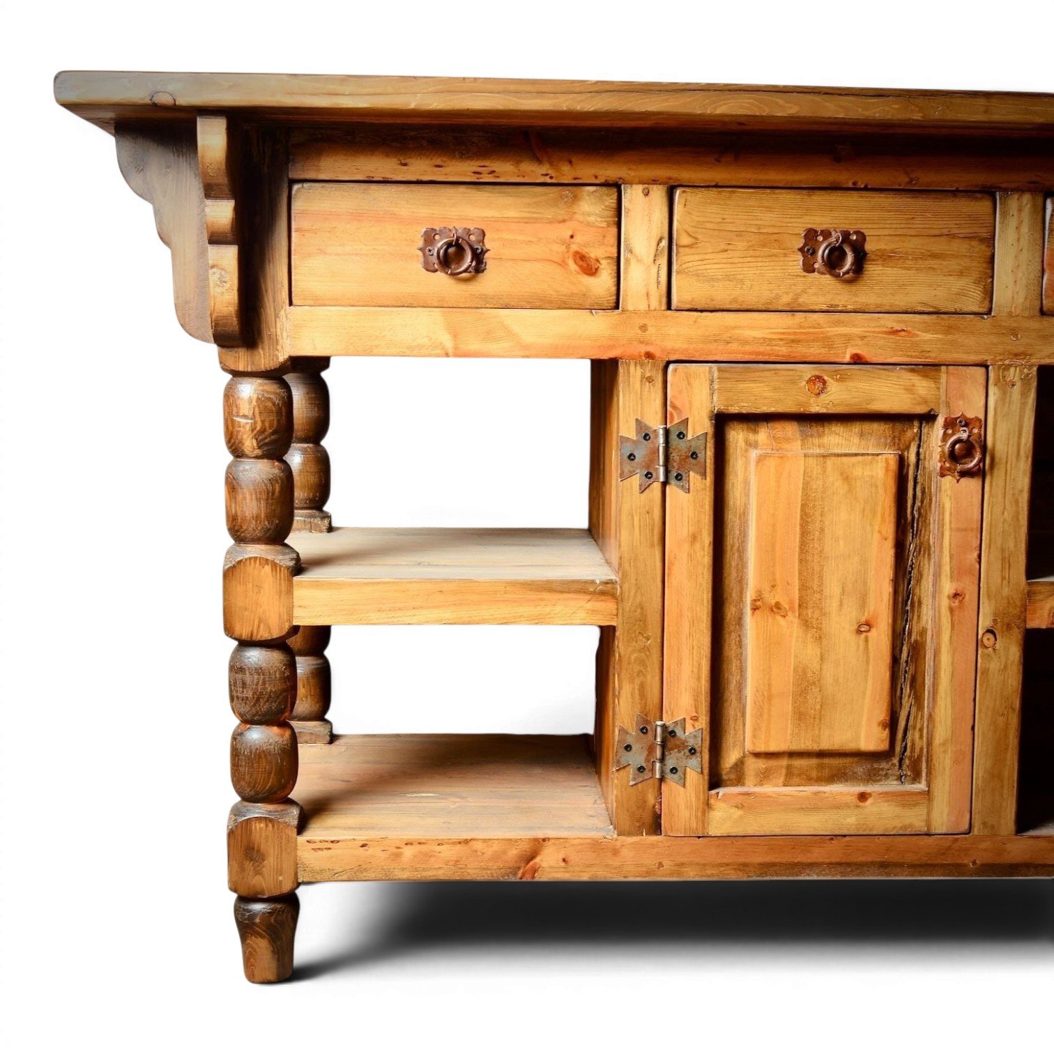 Handmade Mexican reclaimed wood kitchen island with turned legs and hacienda design