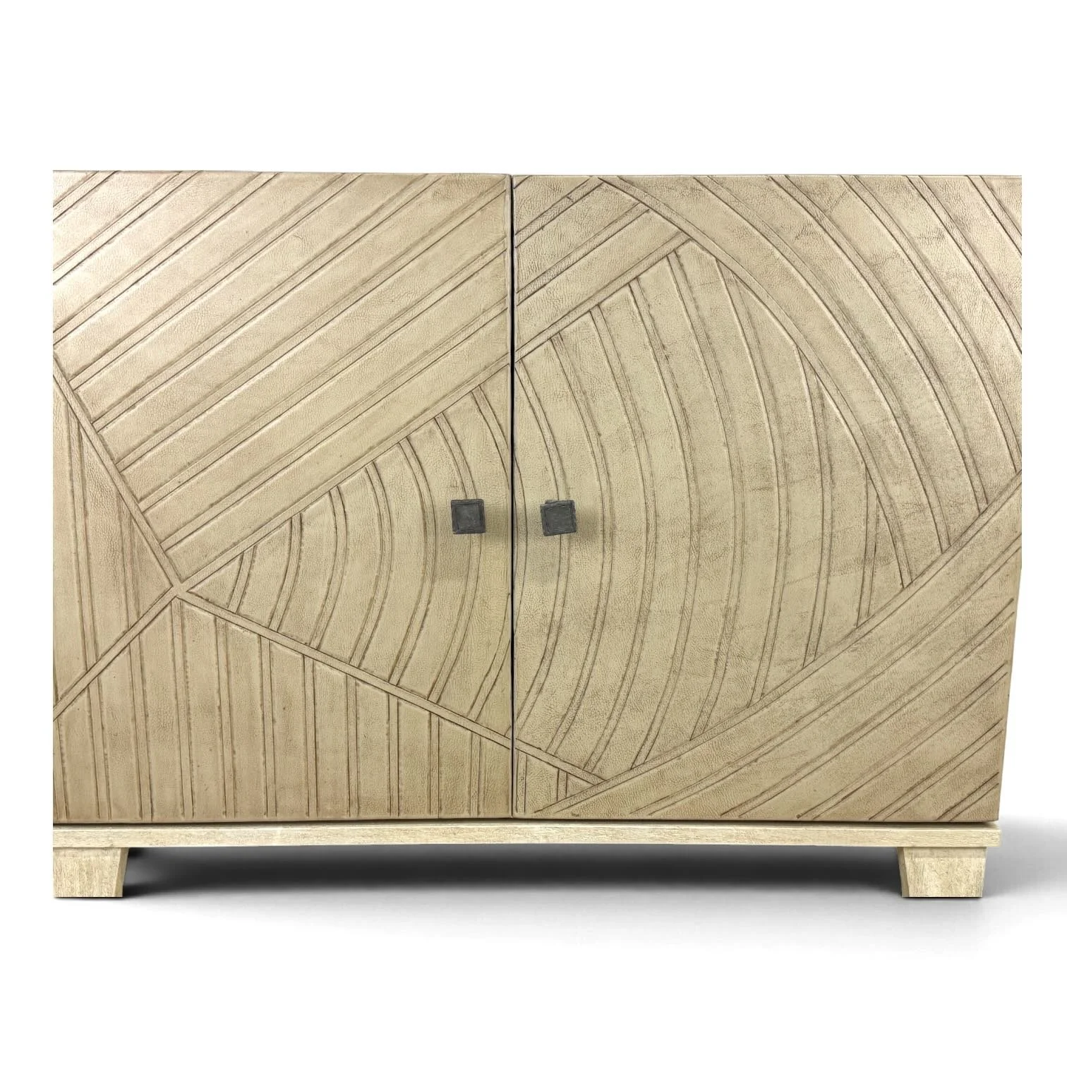Handmade Peruvian Zorritos Buffet Chest with light leather geometric doors and creamy wood frame