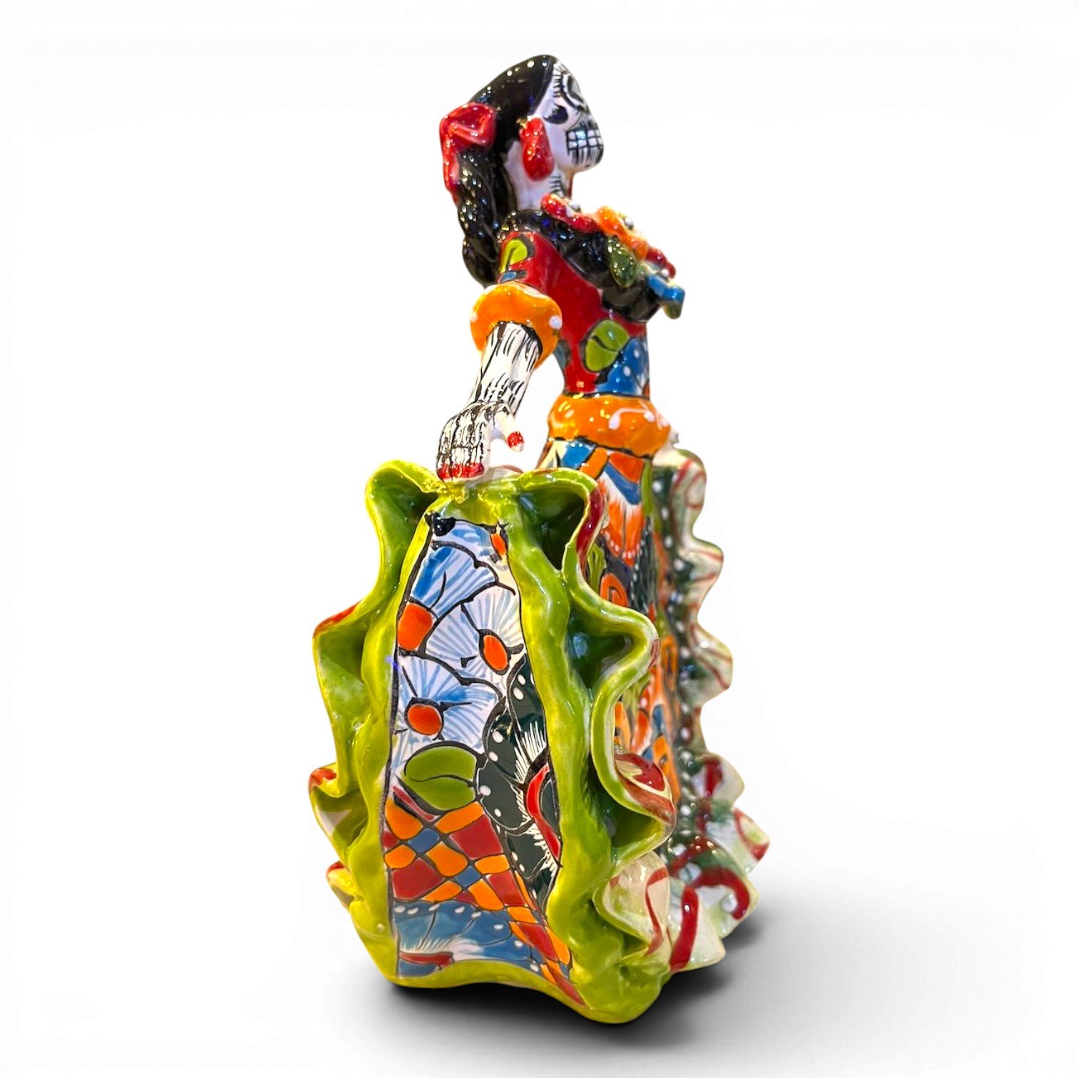Handmade Talavera Catrina figurine with vibrant flowing dress