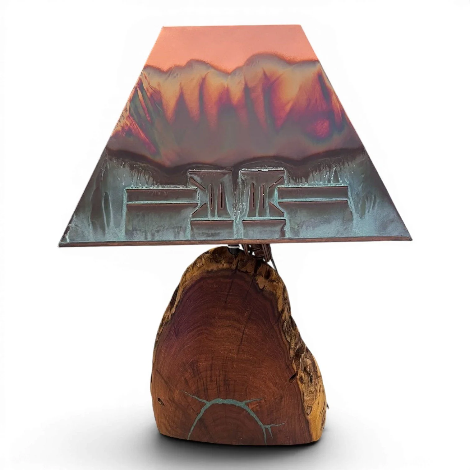 Handmade Mezquite y Cobre table lamp with solid copper shade, mesquite wood base, and turquoise inlay.