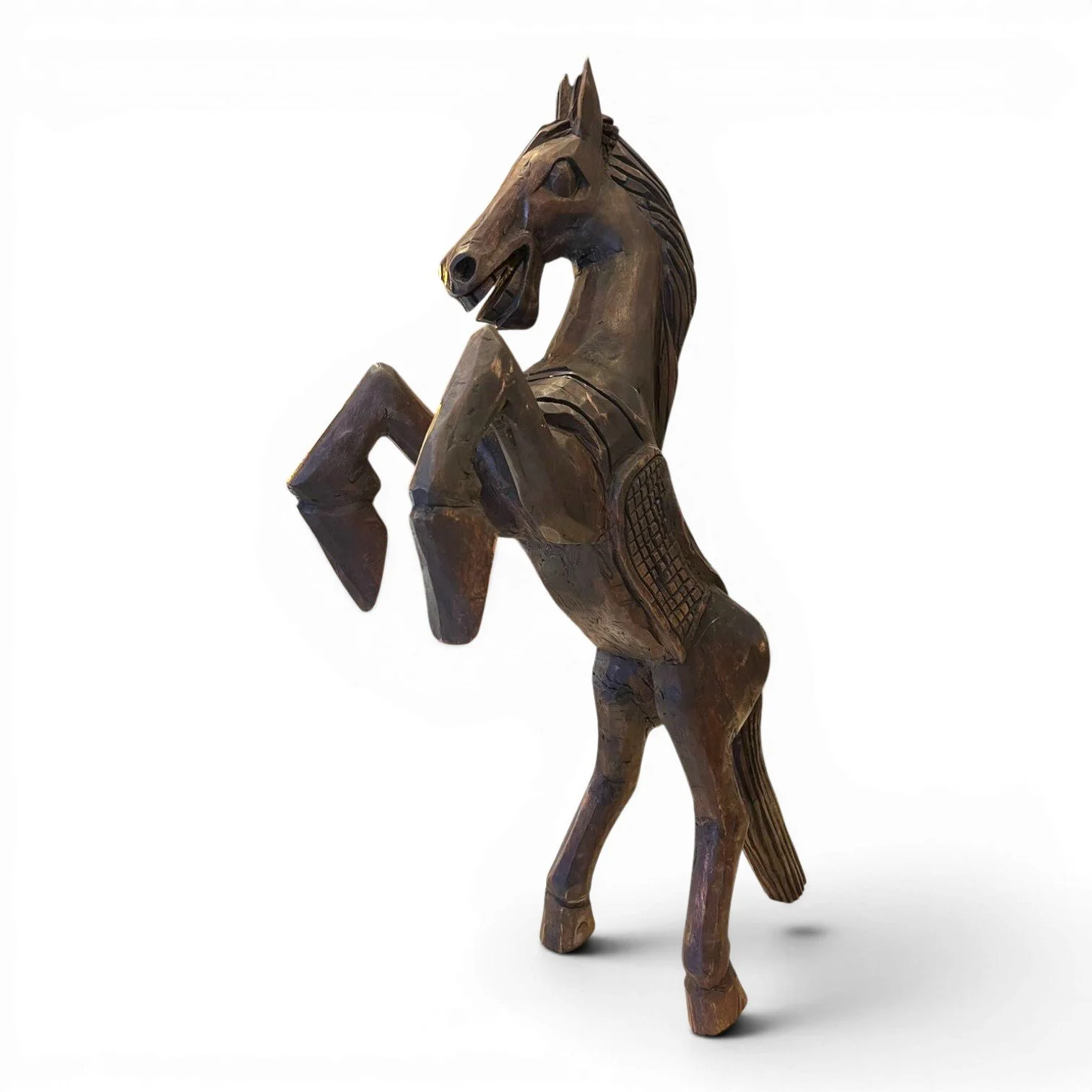 Handmade Mexican hand-carved wood horse sculpture featuring a rich dark finish and dramatic rearing pose, perfect for rustic décor.