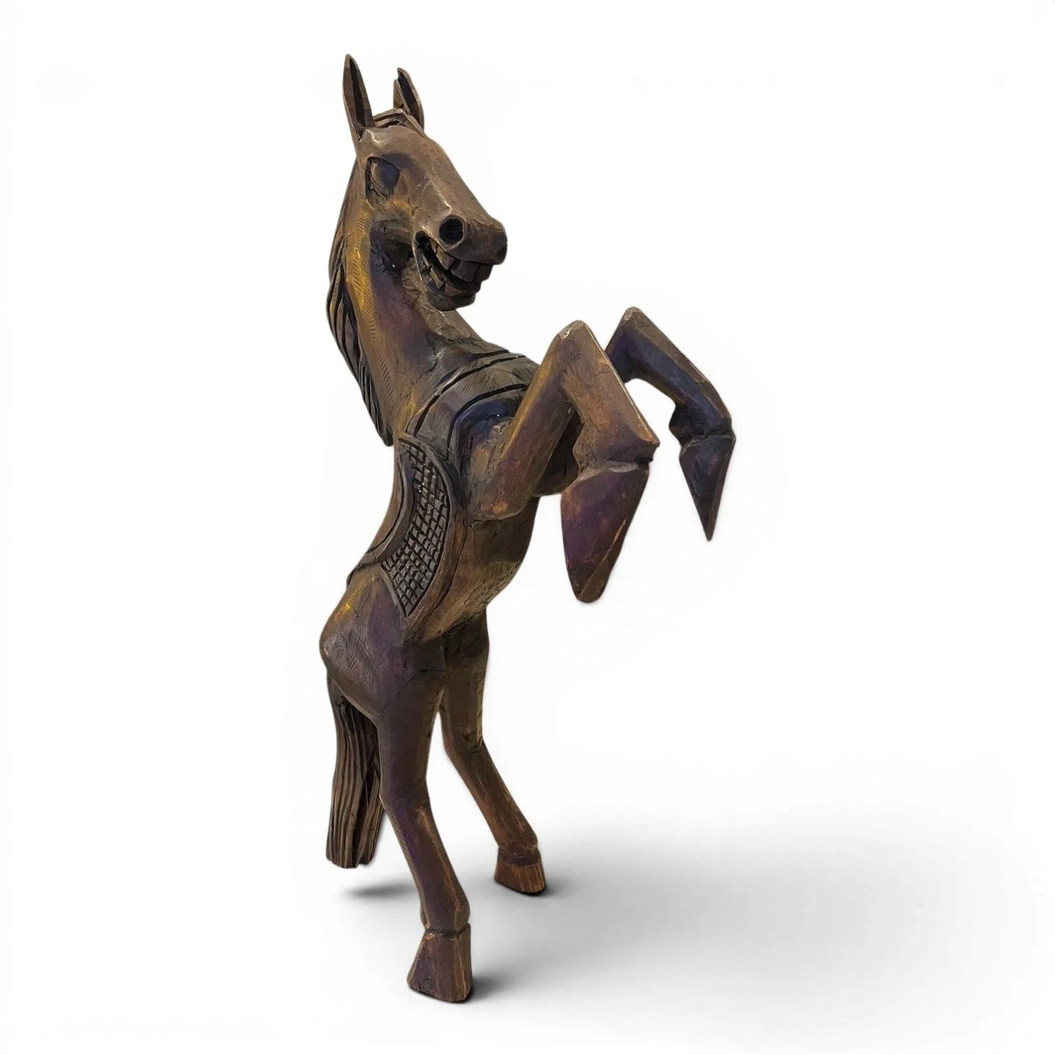 Handmade Mexican hand-carved wood horse sculpture featuring a rich dark finish and dramatic rearing pose, perfect for rustic décor.