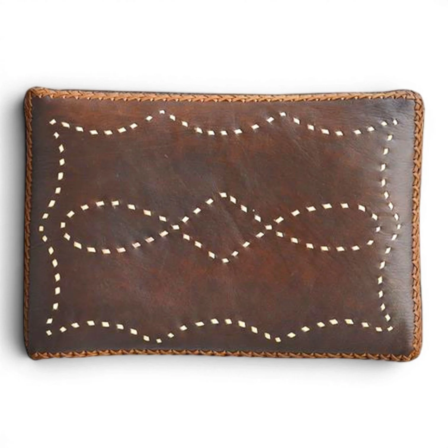 Handmade Durango stitched leather saddle stool with genuine leather seat and solid wood frame crafted in Mexico.
