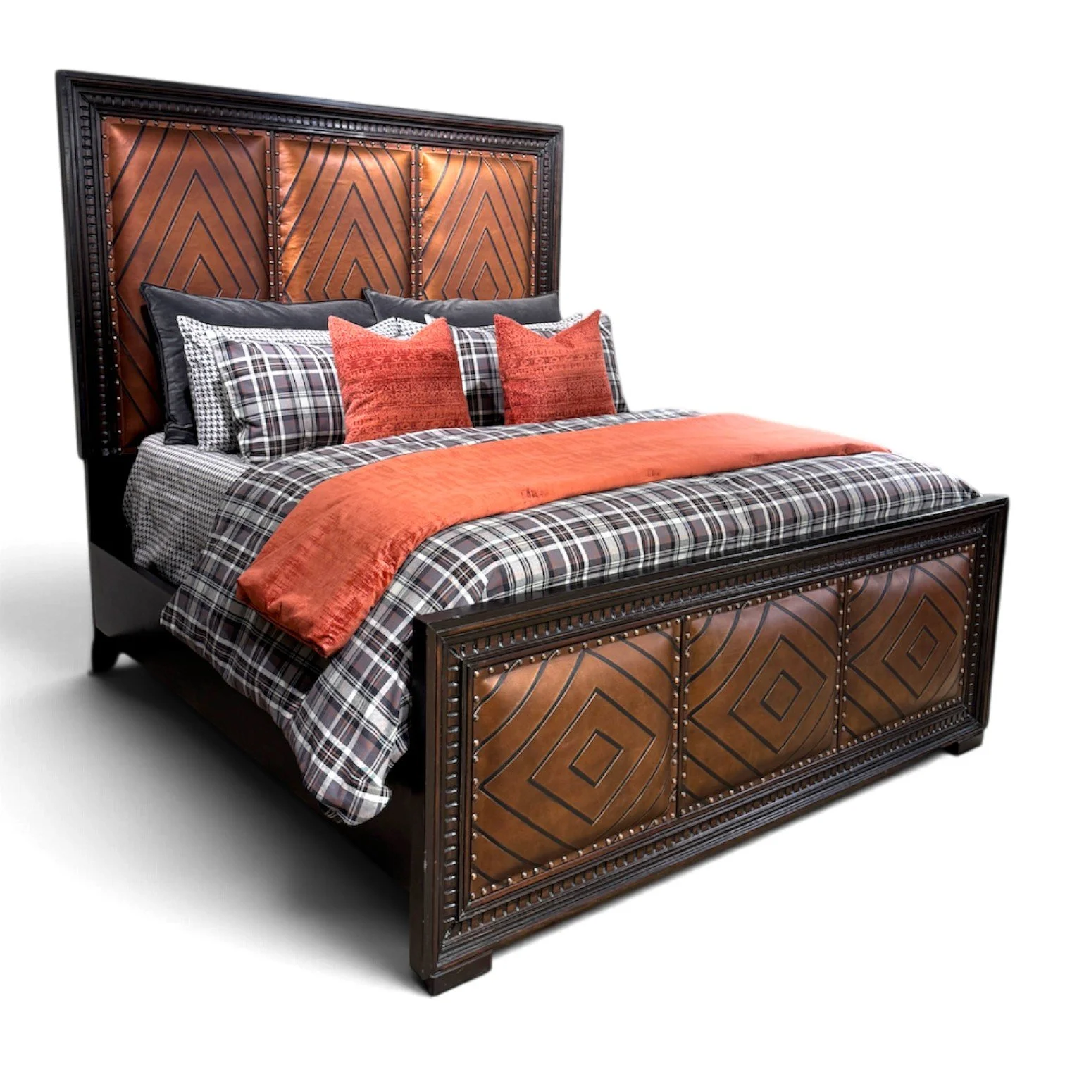 Handmade Western-style bed with diamond-tooled brown leather and dark wood frame