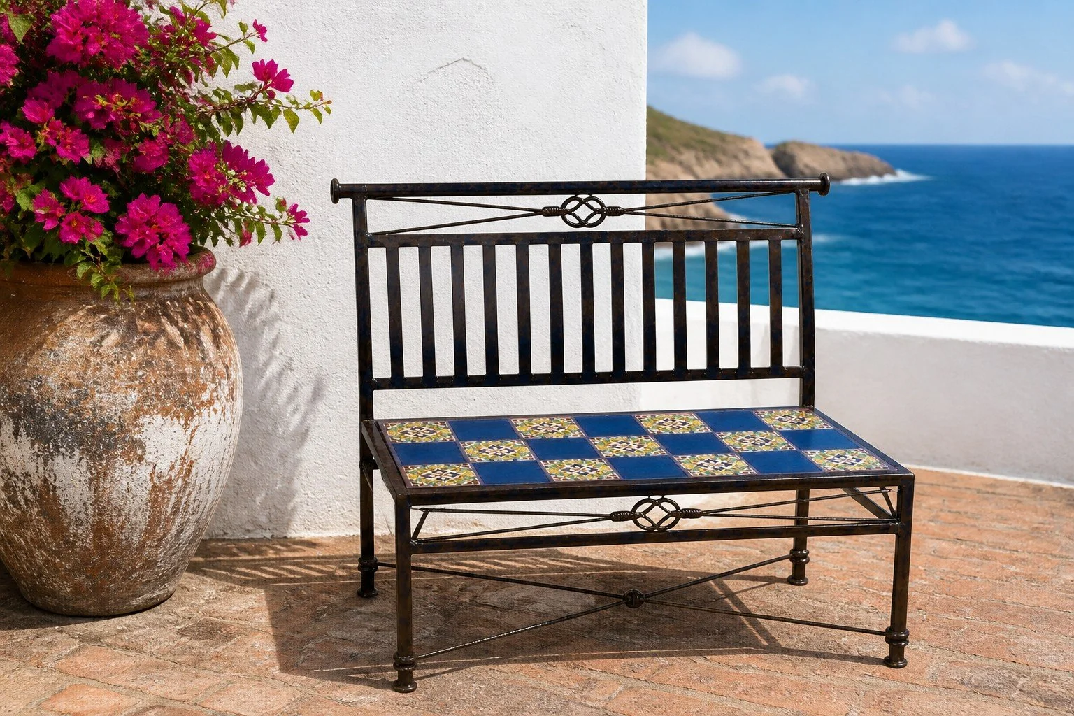 Wrought Iron Bench with Talavera Tile