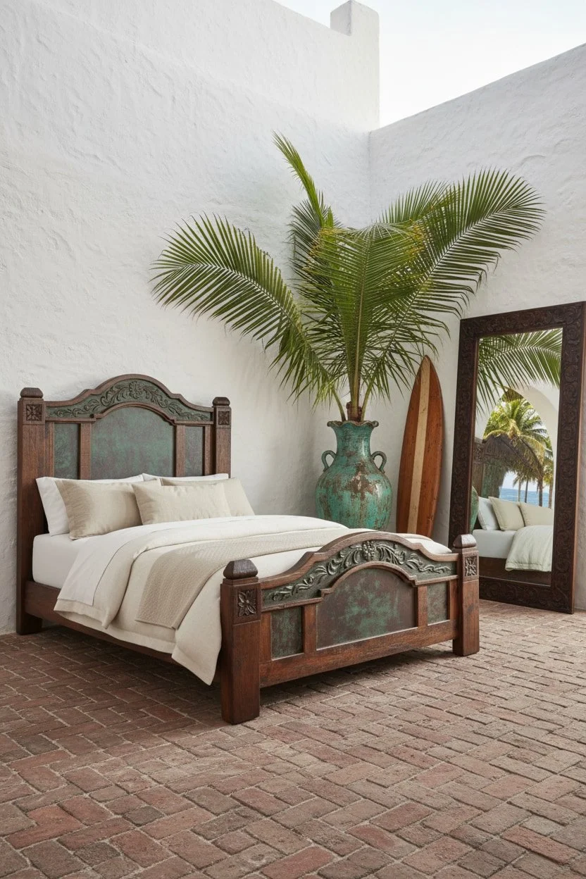 Shop a handmade copper bed from Mexico. Solid wood frame with embossed copper panels for a rustic luxury hacienda-style bedroom.