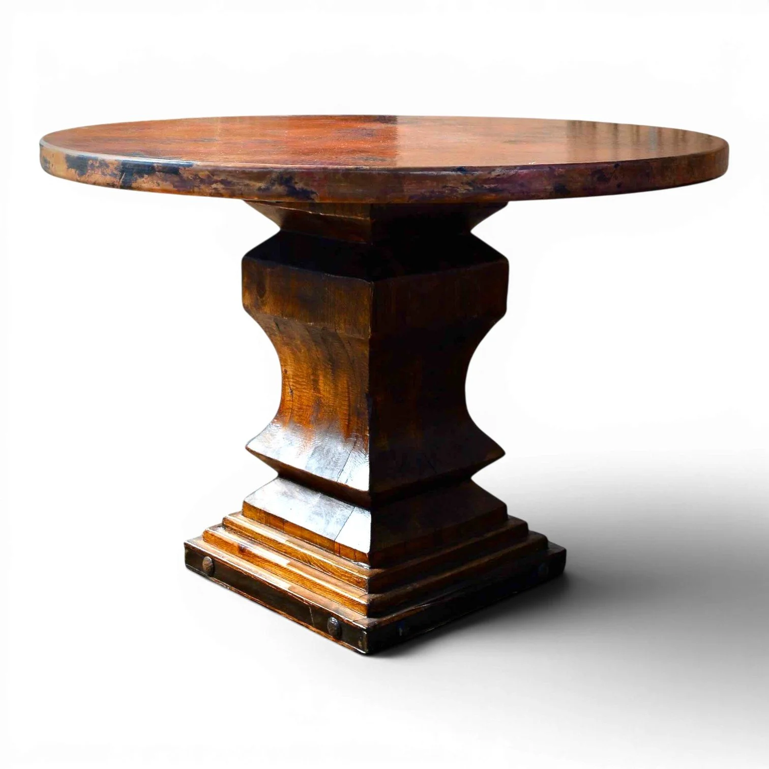Handmade Mexican round copper dining table with hand-carved reclaimed wood pedestal base