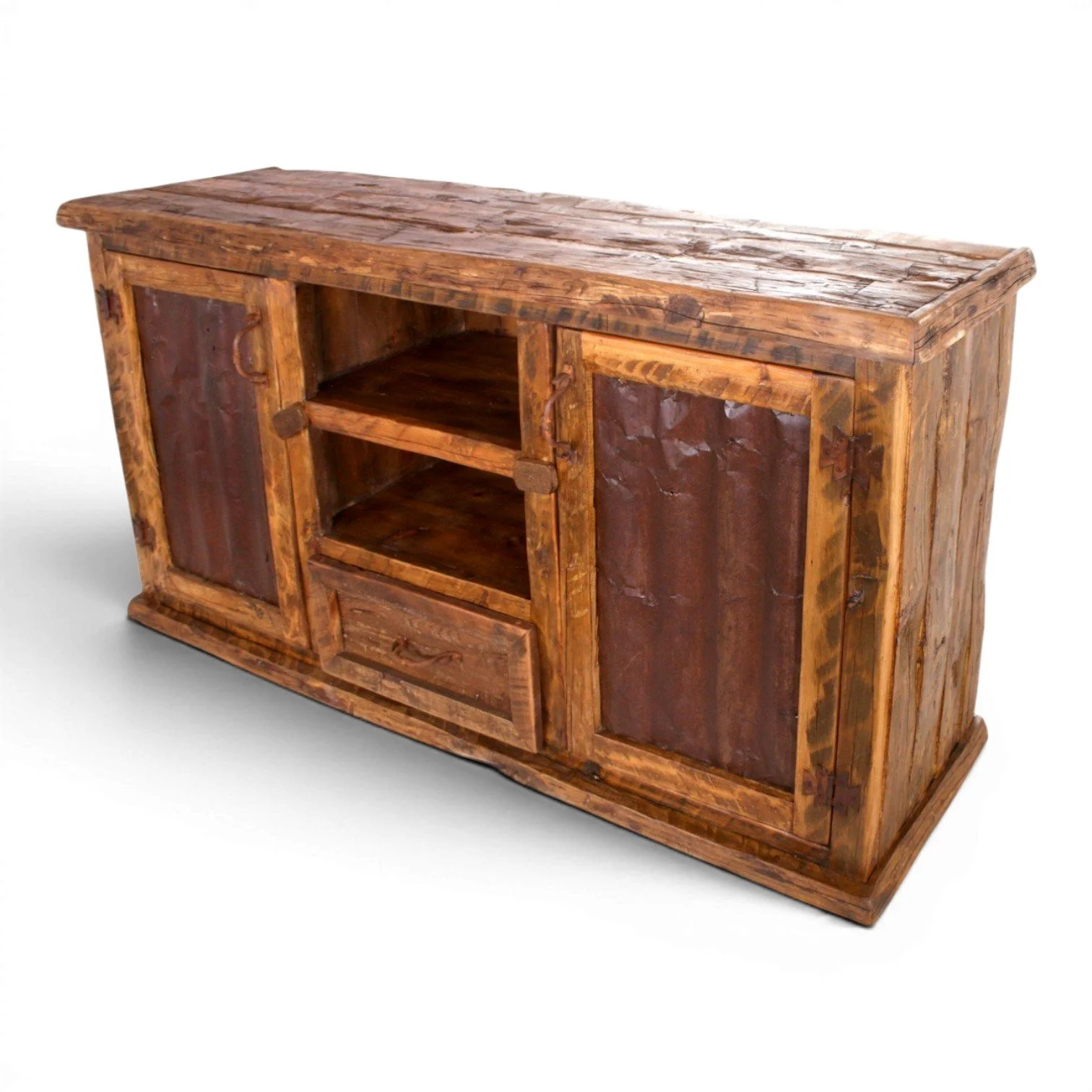Handmade Mexican reclaimed wood TV console with aged metal panel doors and iron hardware