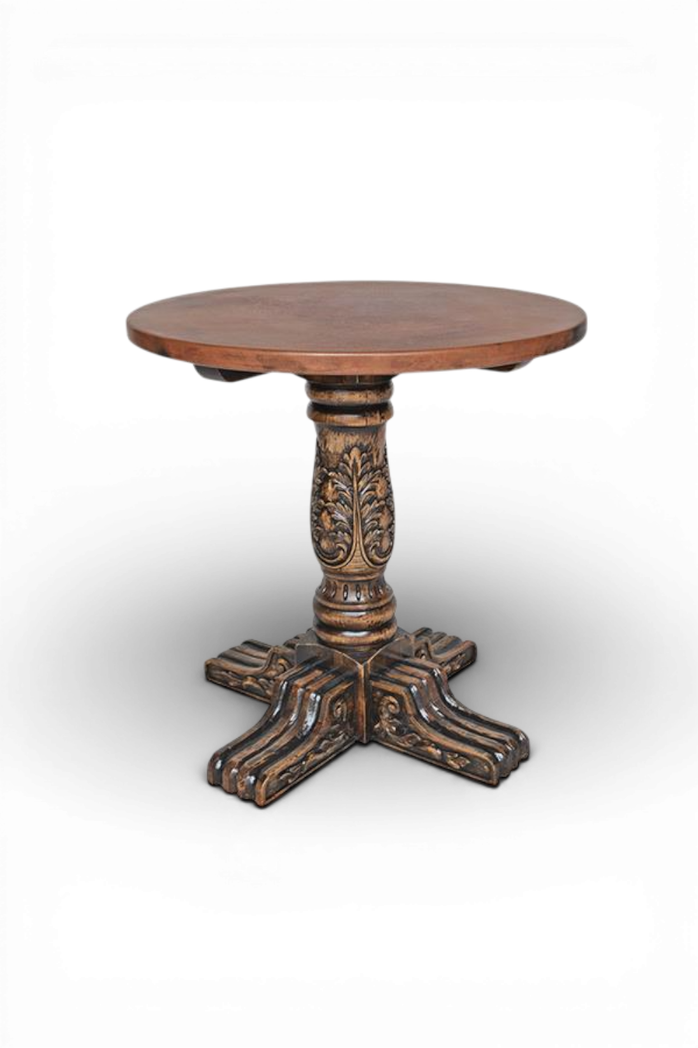 Shop a handmade copper bar table from Mexico. Solid wood base with hand-pounded copper top for rustic luxury entertaining spaces.