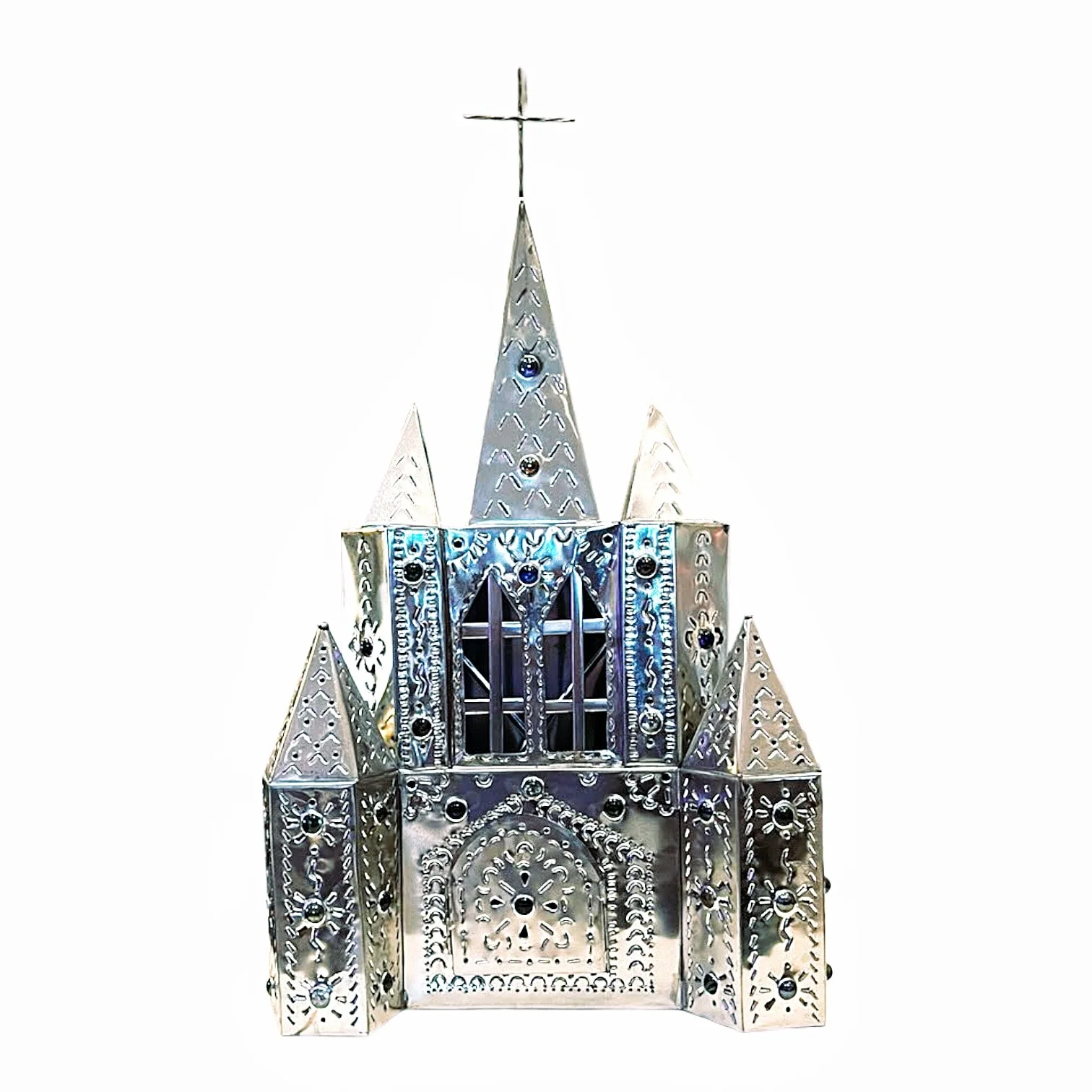 Handmade Cathedral Silver Lamp crafted in Mexico with intricate hand-punched tin detailing.