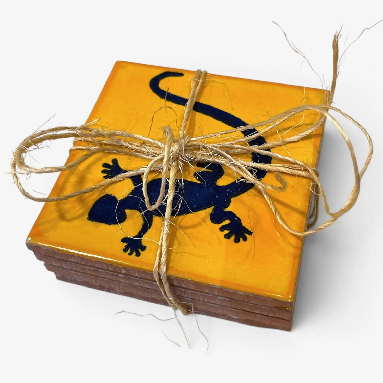Handmade Talavera tile coaster set from Mexico featuring four colorful ceramic coasters with protective rubber bumpers.