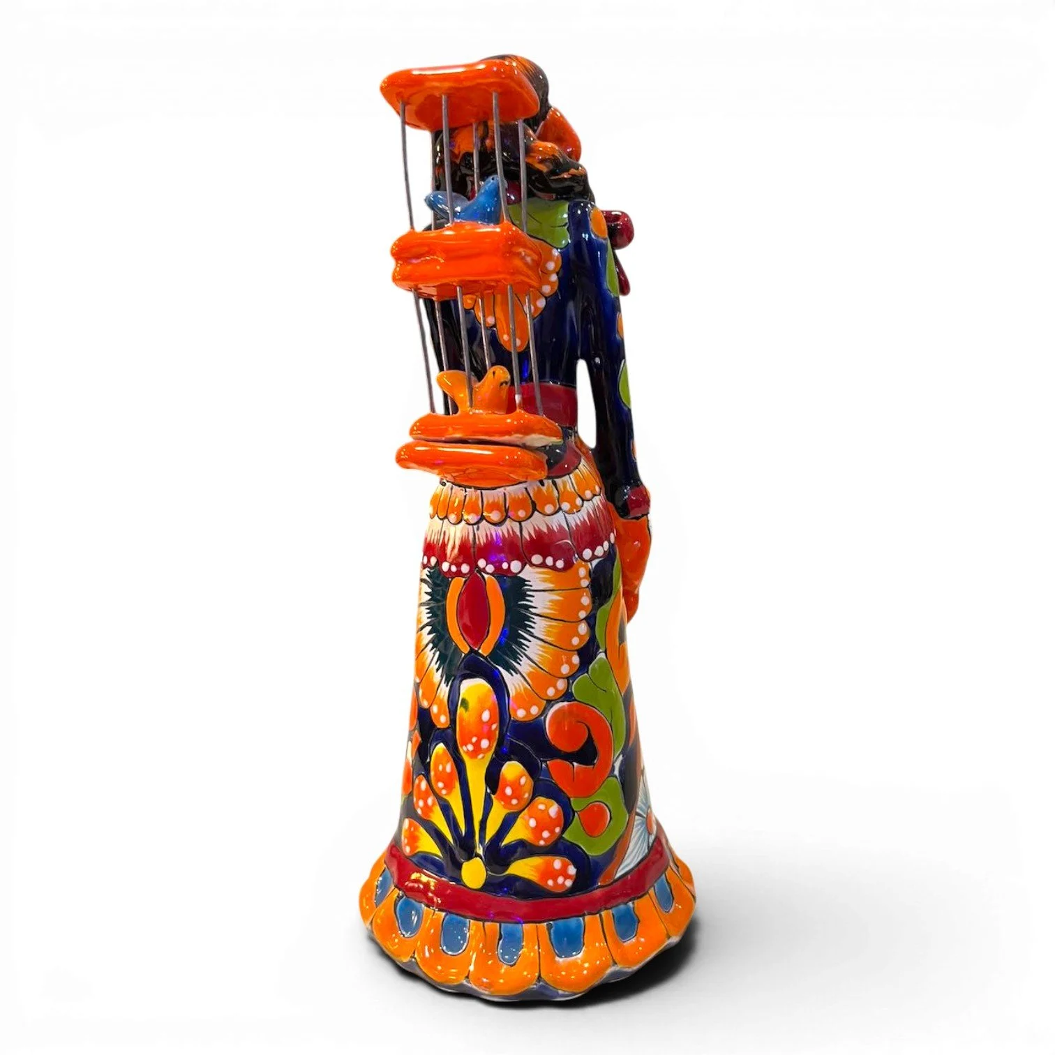 Handmade Mexican Catrina folk art doll with floral dress and birdcage holding two birds