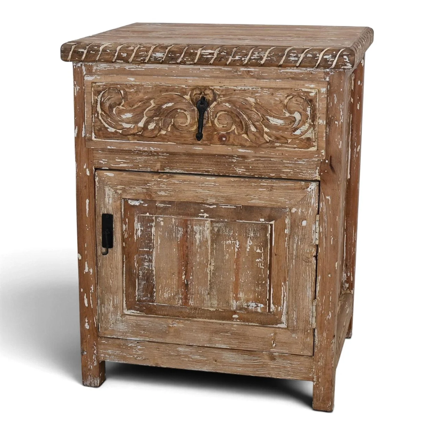 Cerro Blanco nightstand with carved rope edge top and whitewashed finish, handmade in Mexico