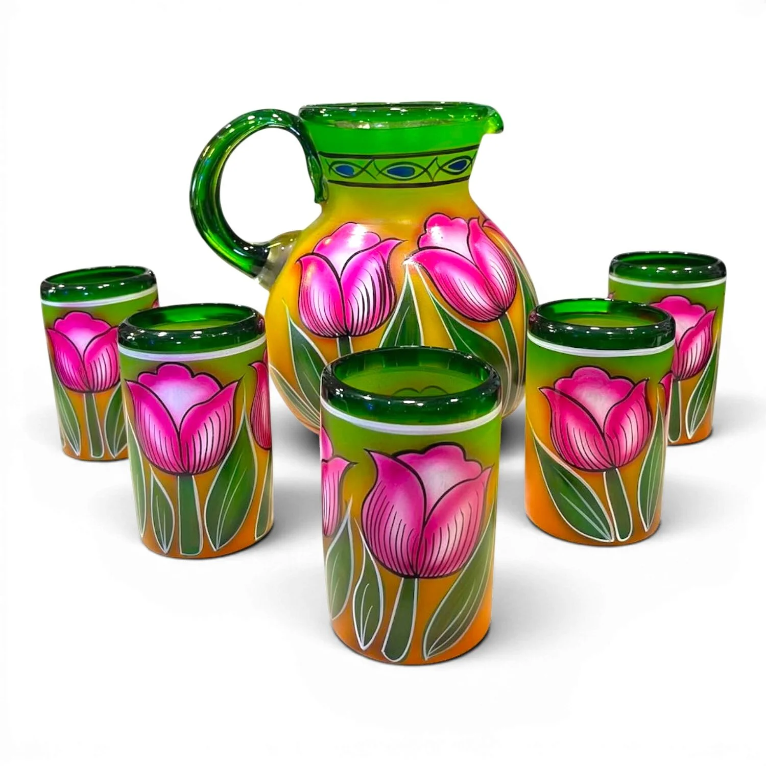Handblown painted tulips glass pitcher and five matching tumblers handmade in Mexico with vibrant floral design and green accents.