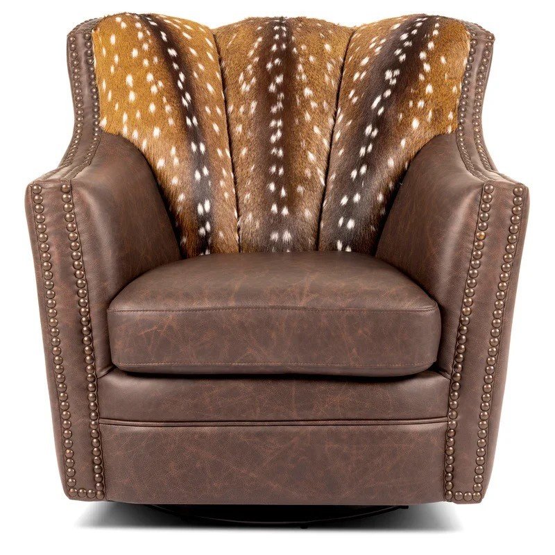 The Hot Springs Axis & Leather Swivel Chair features premium leather, axis deer hide backrest, and smooth swivel functionality for refined Western luxury seating.