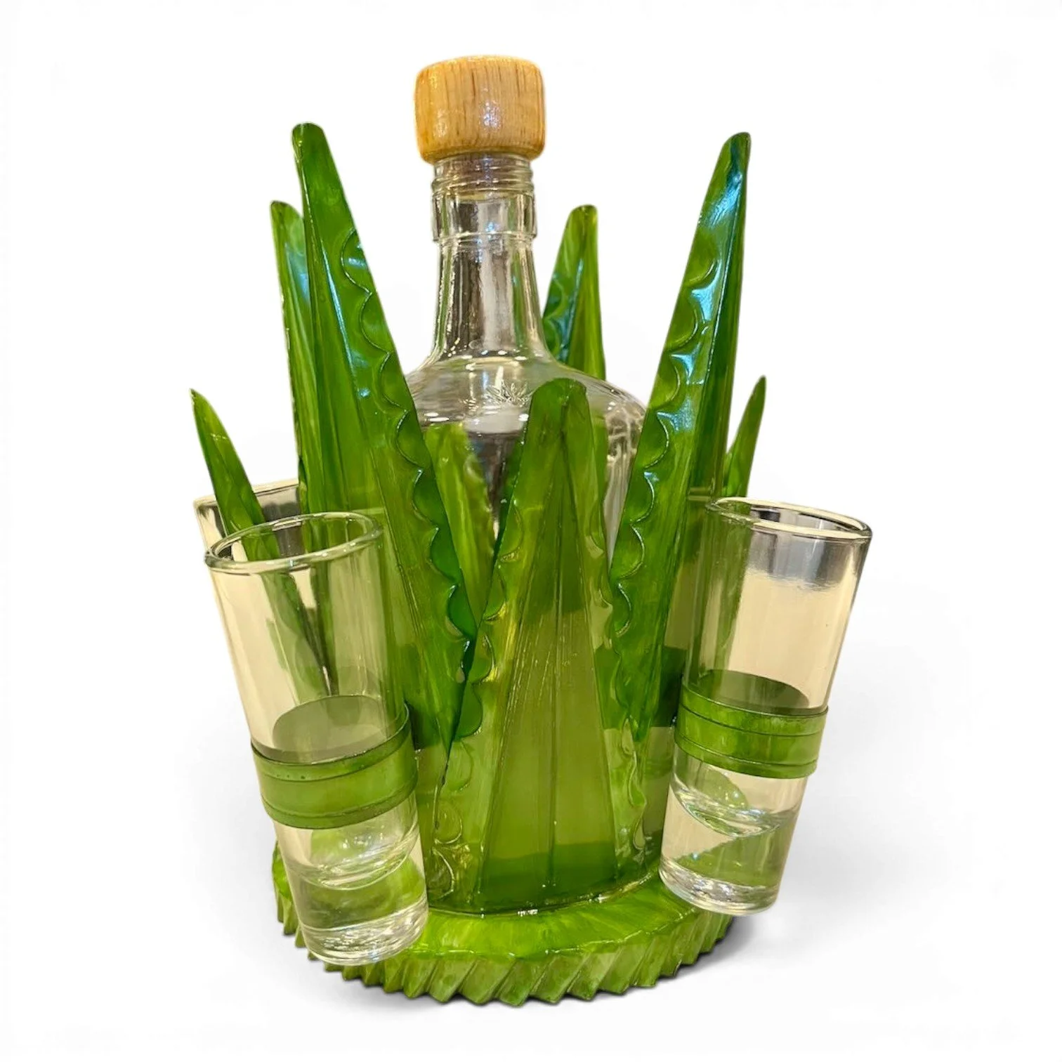 Small handmade Mexican metal agave tequila set with lime green holder, tequila bottle, and four shot glasses
