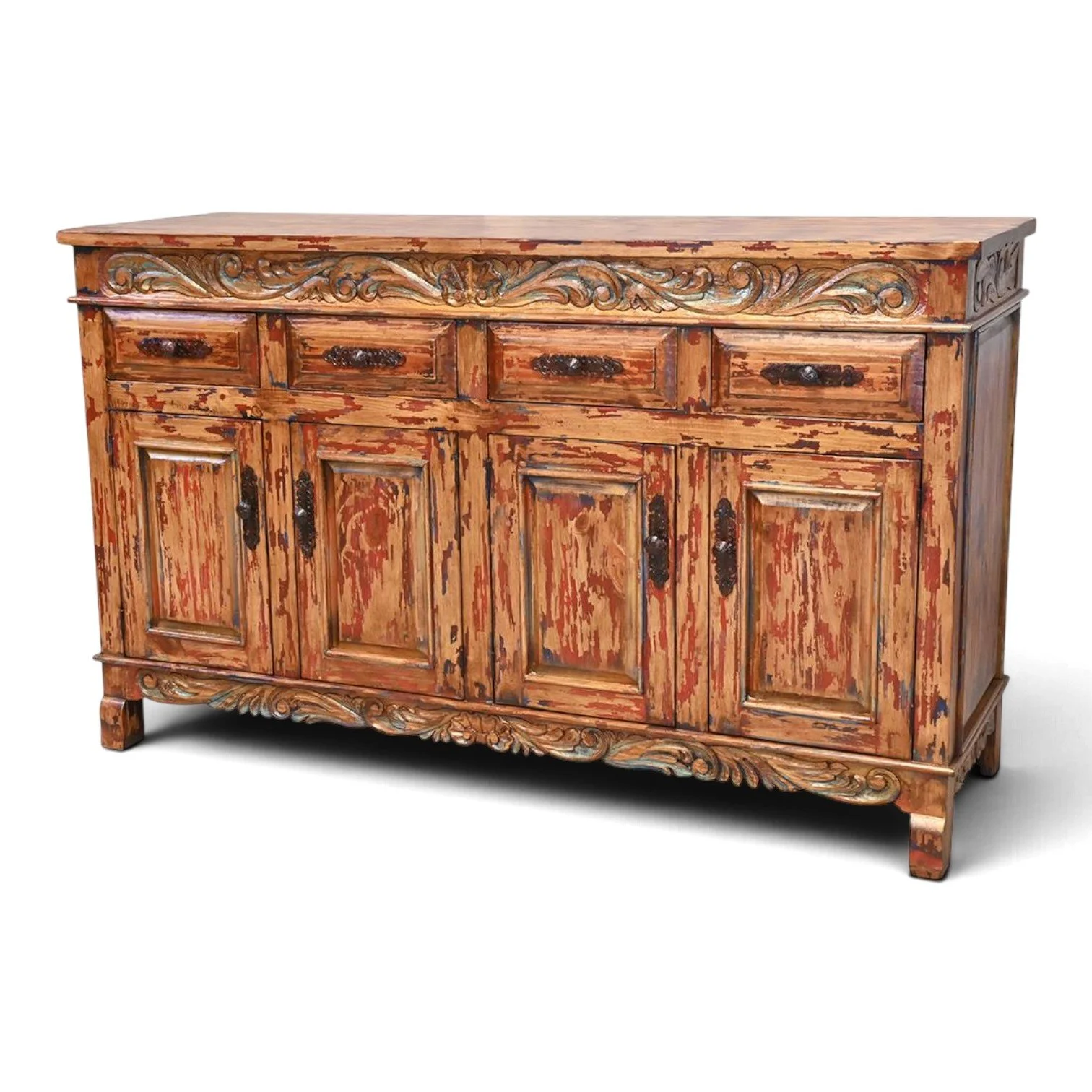 Handmade hand-carved red buffet with iron hardware and four drawers