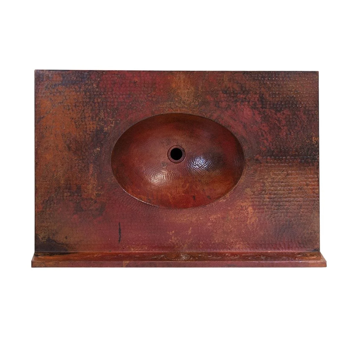 Handmade Coyanosa copper bathroom vanity with embossed copper backsplash, sink, top, door panels, iron hardware, and dark wood finish.