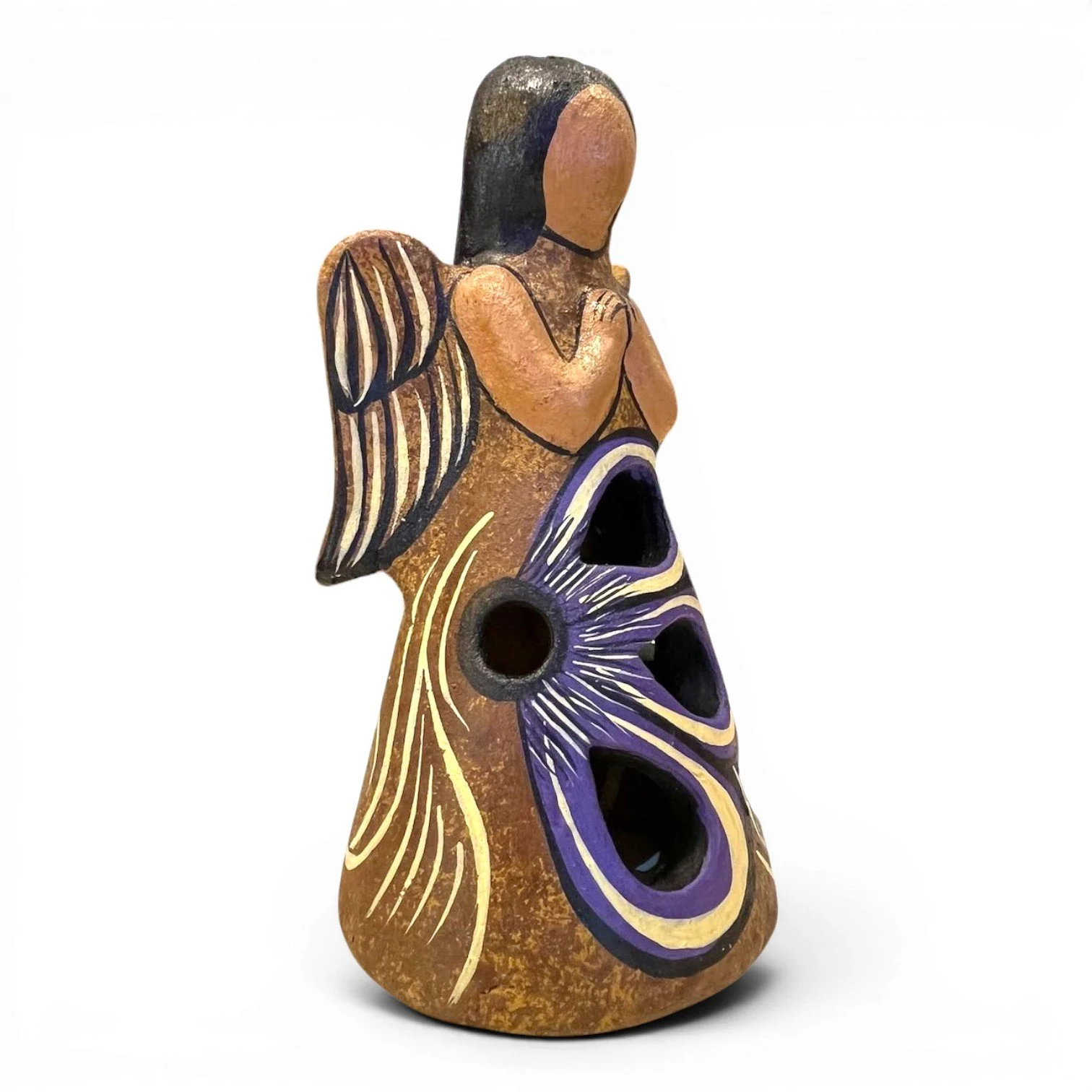Handmade Mexican Ángel Luminaria clay candle lantern with hand-painted finish and decorative cutout design.