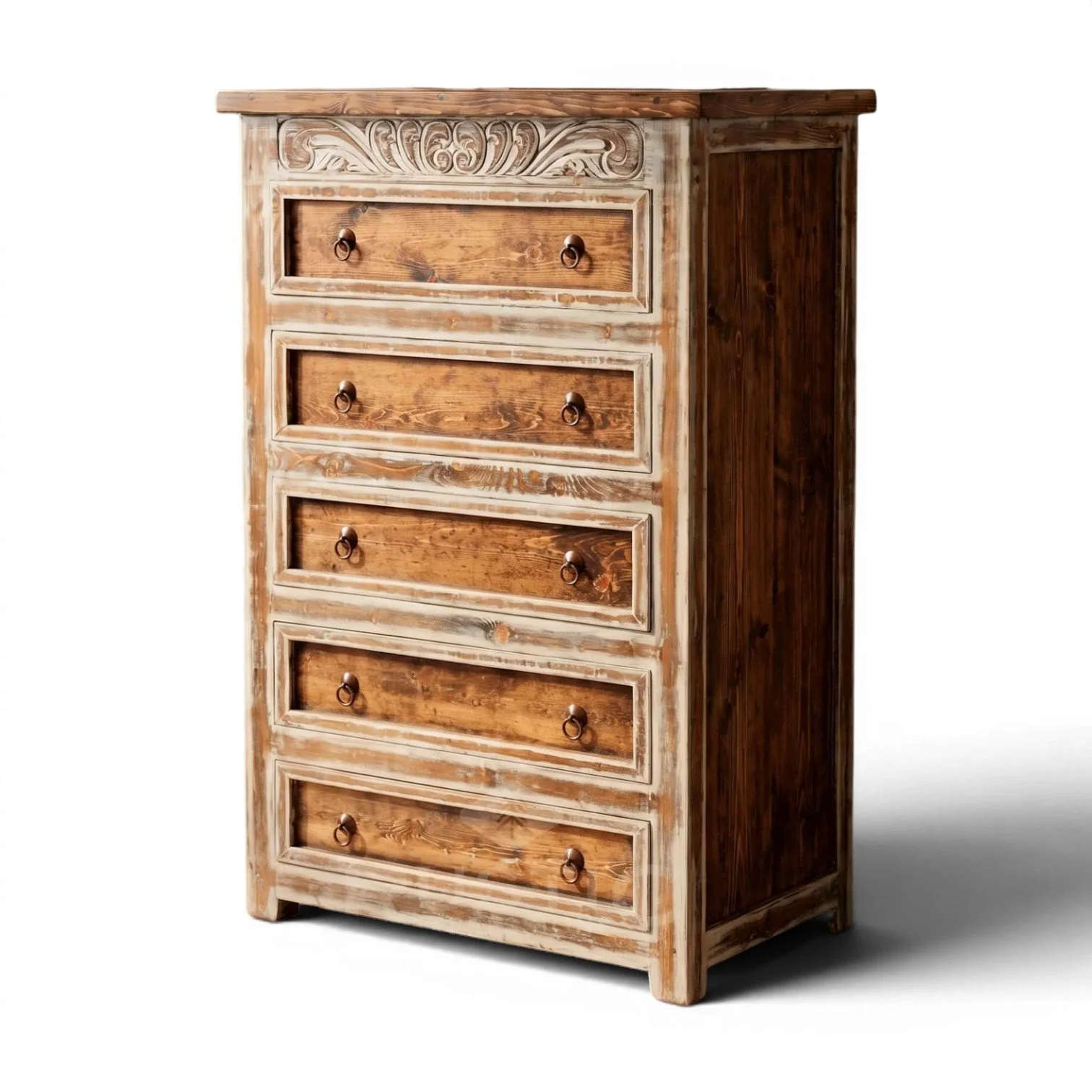 Las Conchas handcrafted Mexican reclaimed wood chest with white wash finish, hand-carved details, and iron hardware
