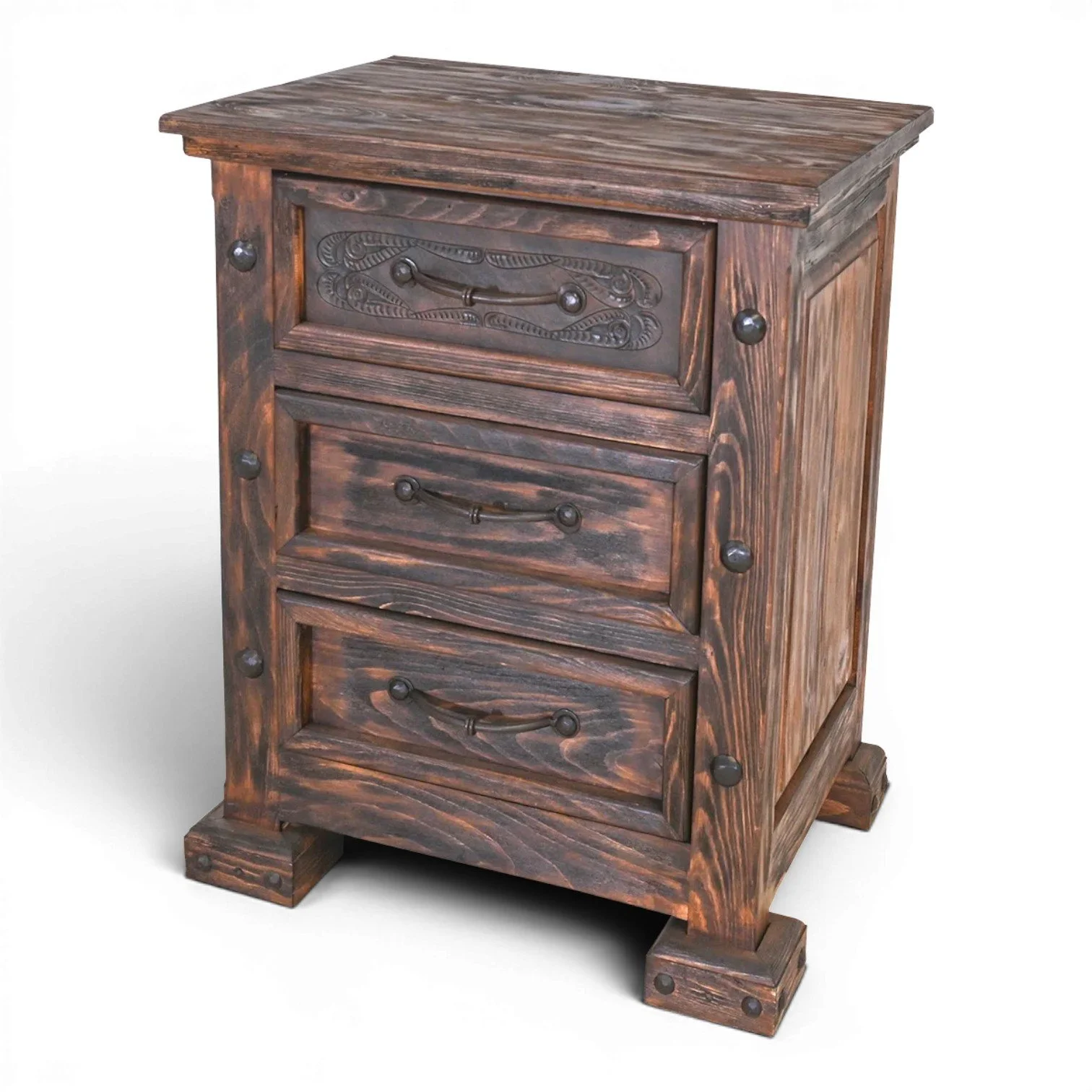 Tucson Tooled Leather Nightstand | Handmade Western Leather & Wood Nightstand