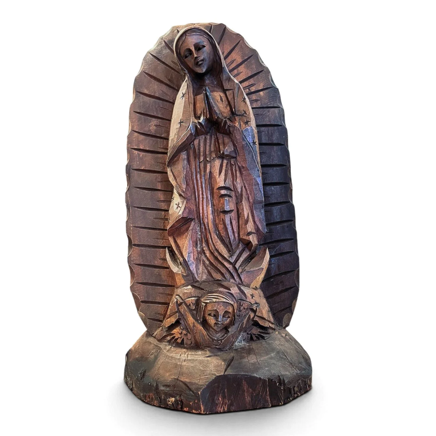 Handmade hand-carved mesquite wood Virgin Mary statue with dark stain finish