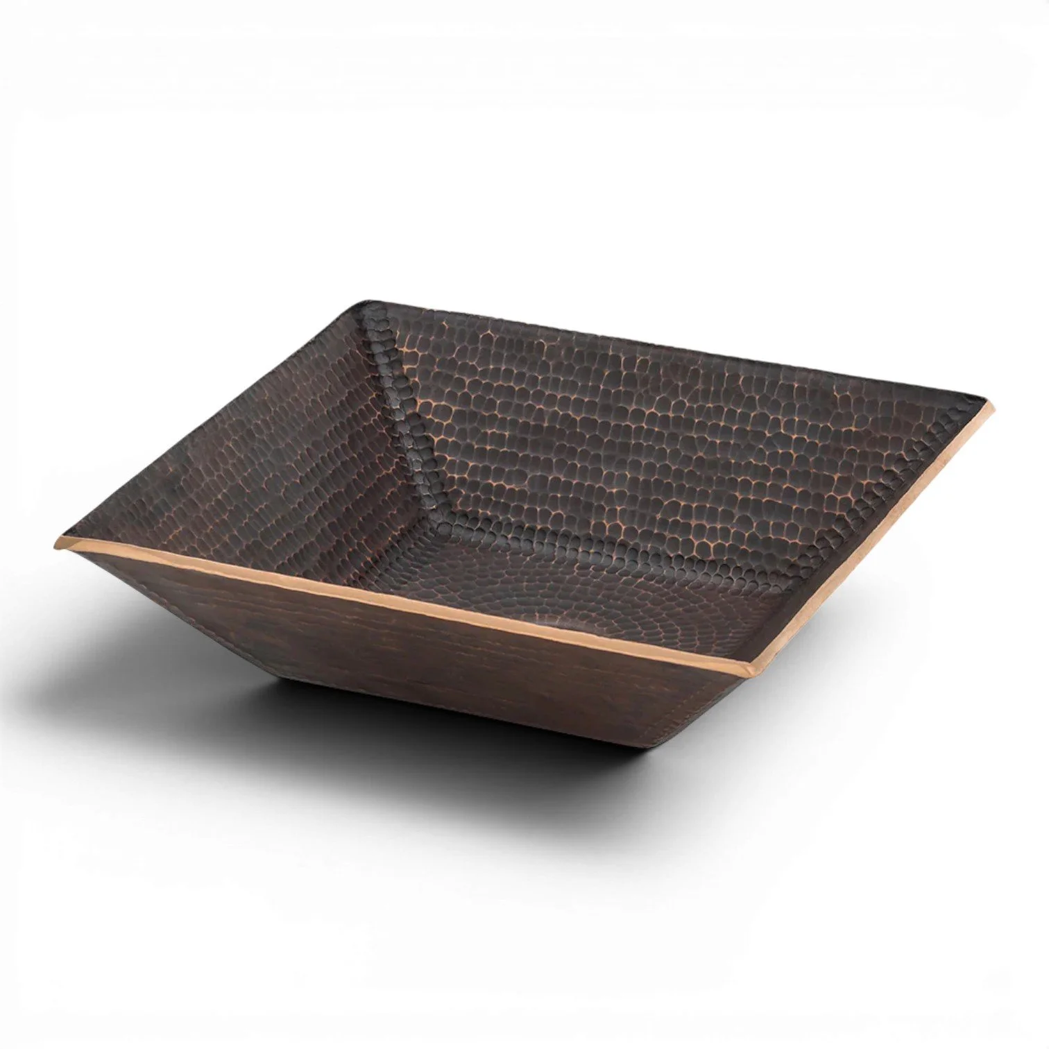 Hacienda Old World 14-inch square hand forged hammered copper vessel sink with oil rubbed bronze patina.