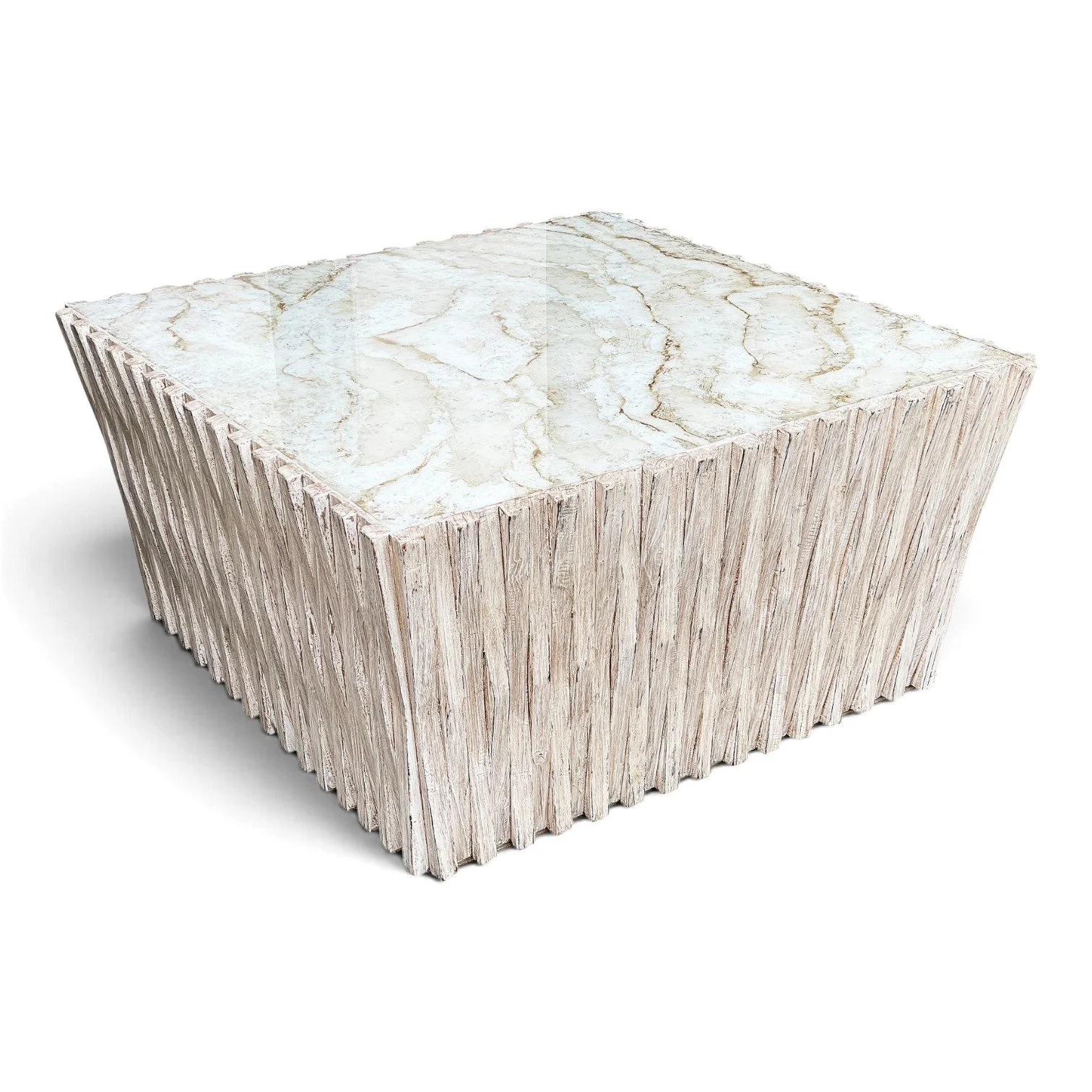 Handmade cocktail table with marble-look reverse-painted glass top and carved wood base