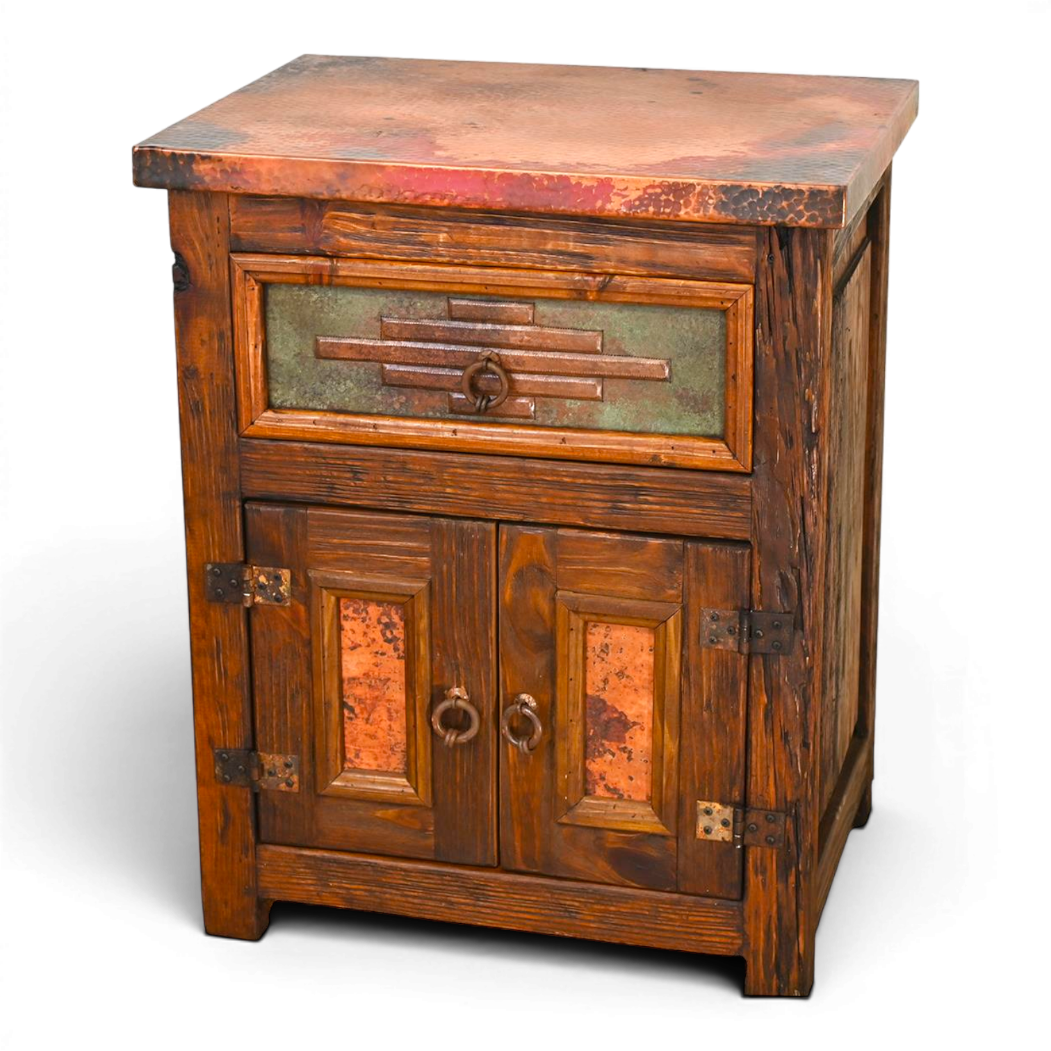 Handmade Rio Rancho copper nightstand with reclaimed wood, verdigris and dark brown hammered copper, and geometric design crafted in Mexico.