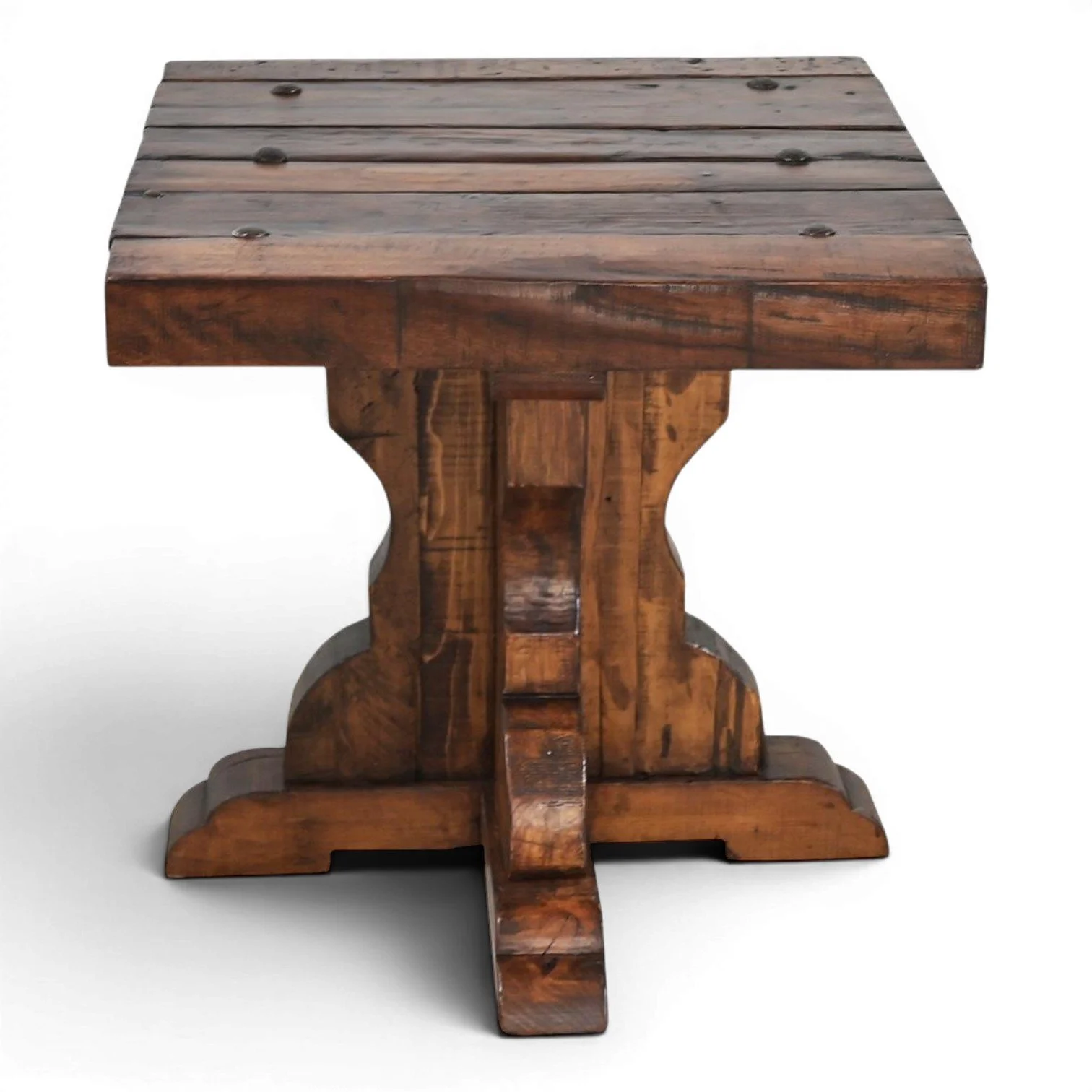 Handmade Amaya End Table crafted from reclaimed wood with dark stain finish and decorative iron clavos accents.