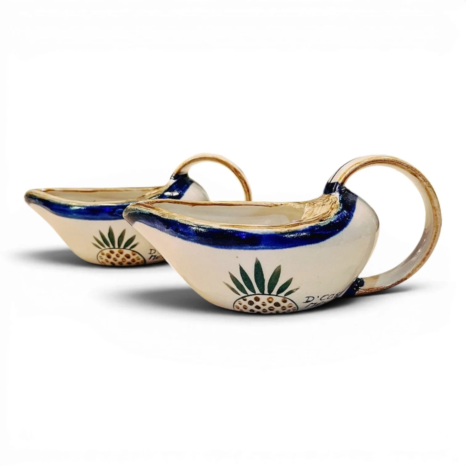 Handmade Mexican Talavera cactus salsa boat with hand-painted cobalt blue rim