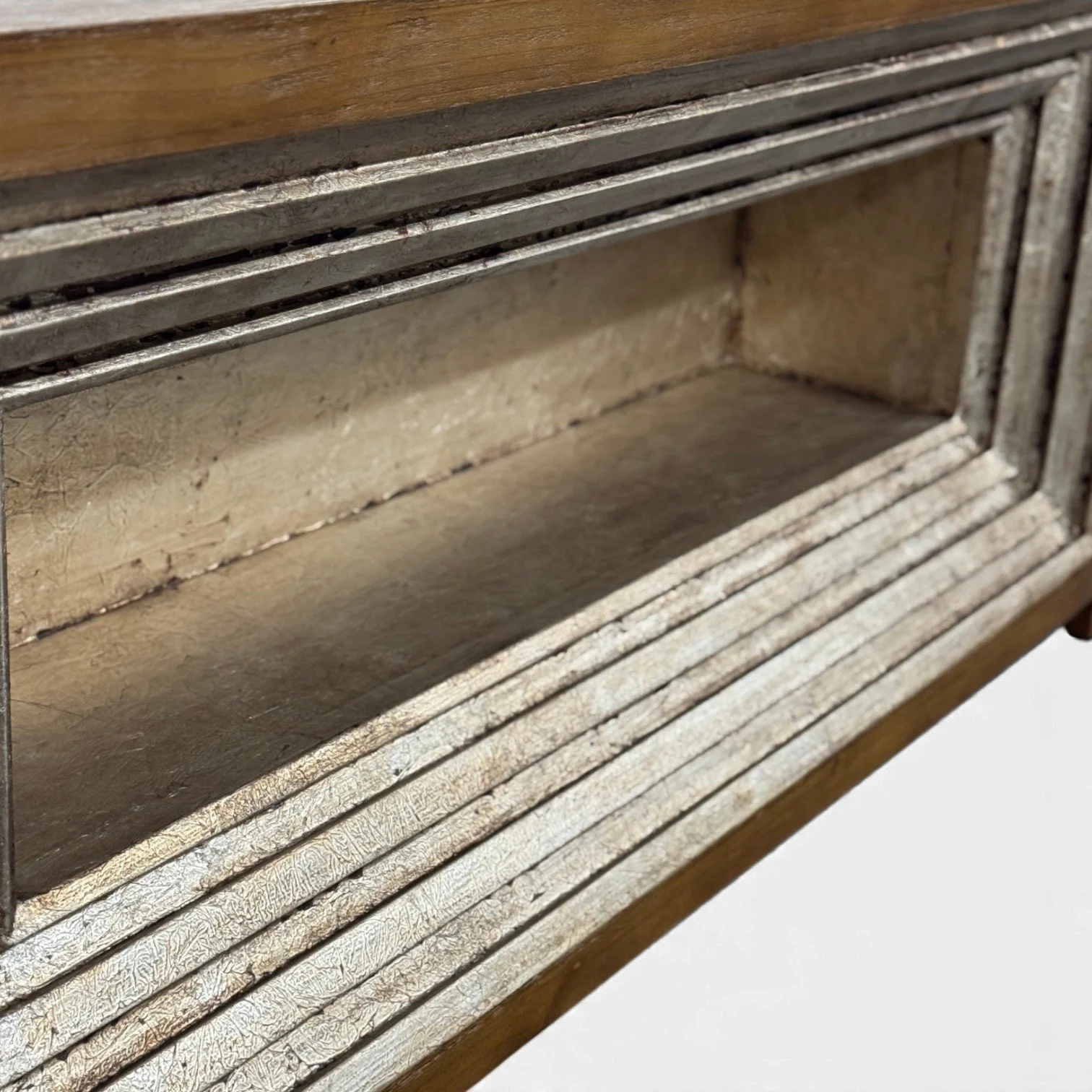 Handmade wood console table with silver-copper metallic detailing