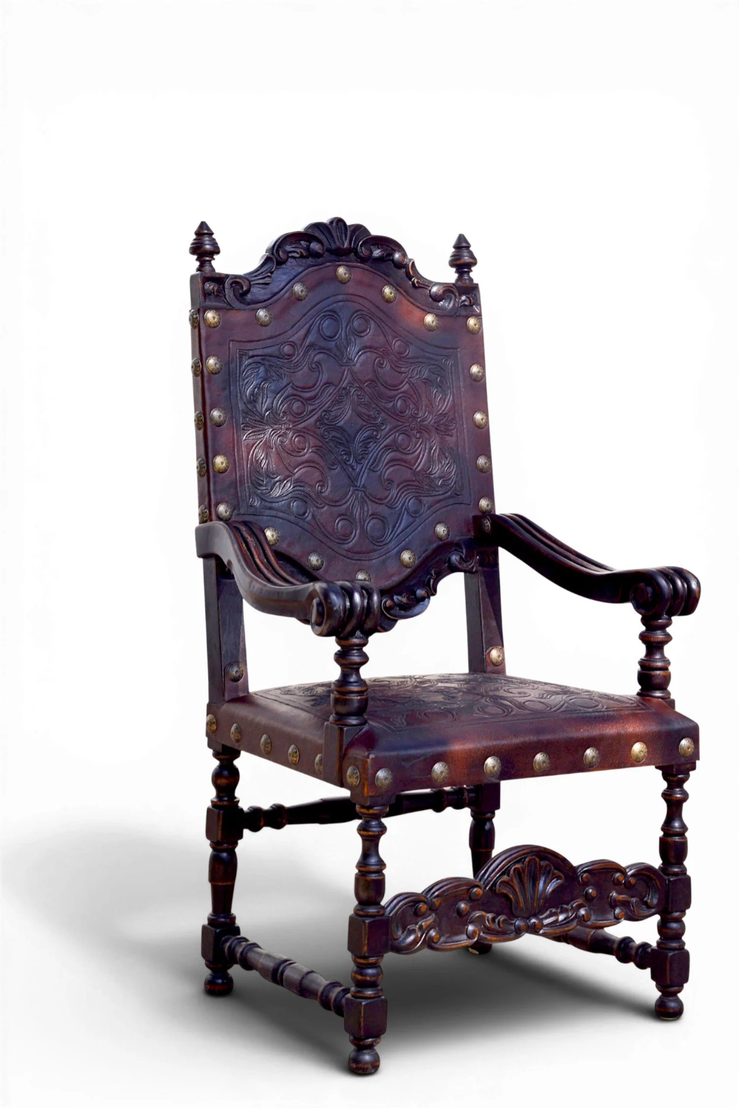 Shop a handmade tooled leather dining chair from Peru. Hand-carved wood with painted leather in Spanish Colonial Hacienda style.