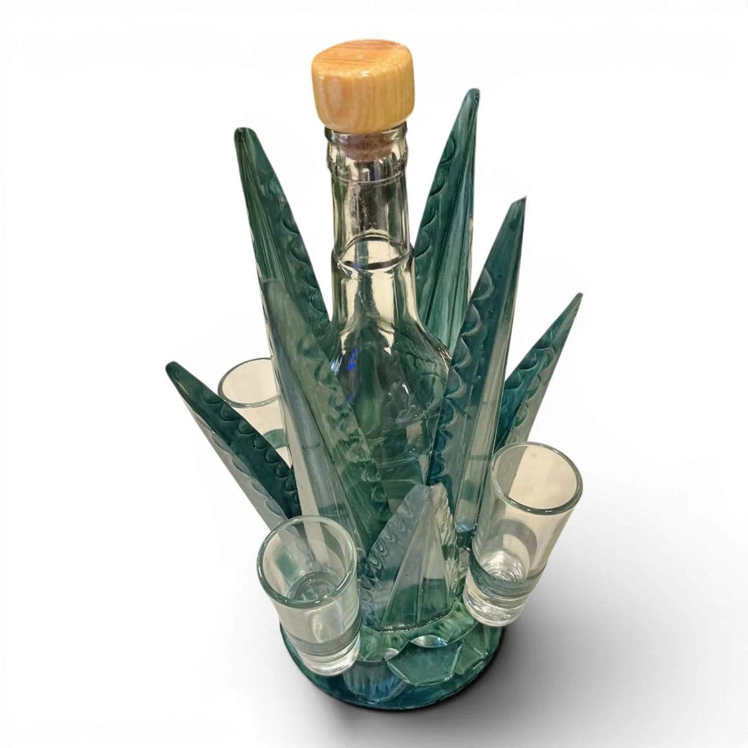 Medium handmade Mexican metal agave tequila set with agave green holder, tequila bottle, and four shot glasses