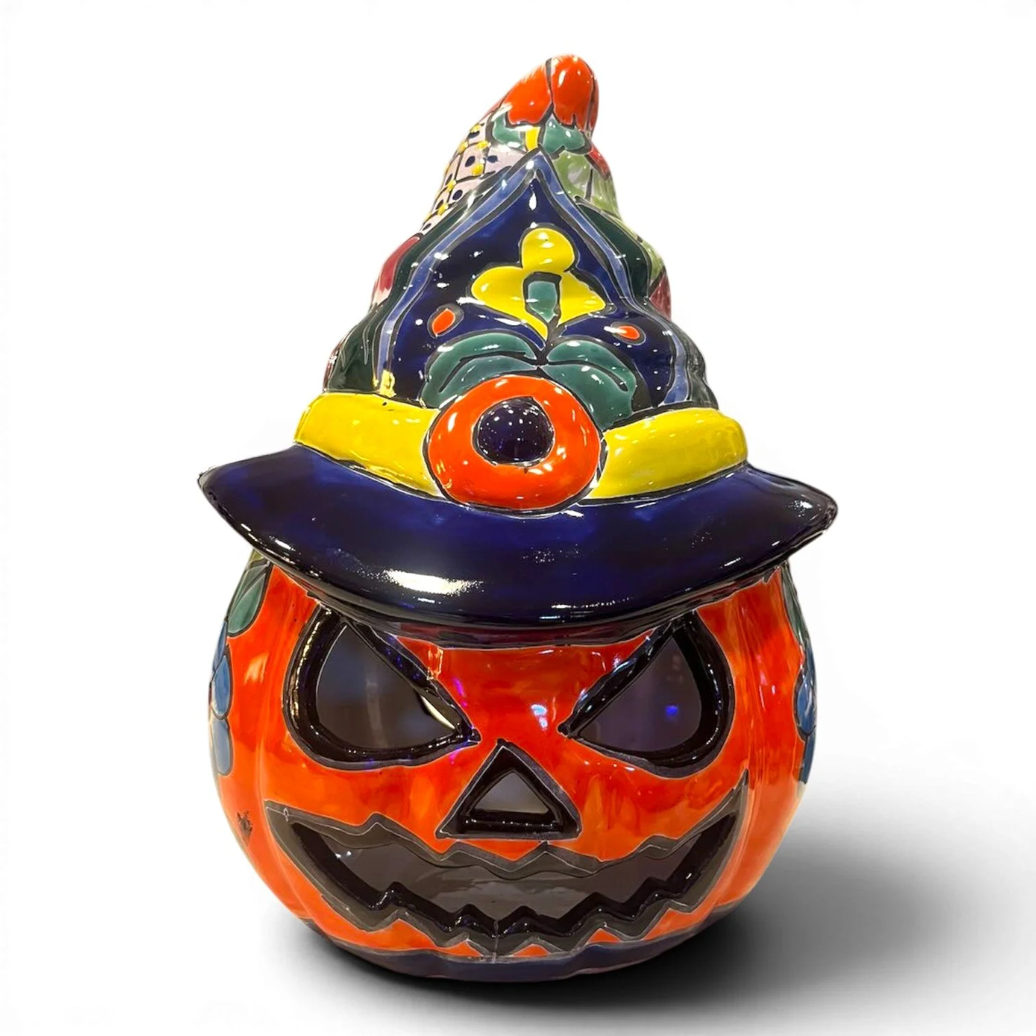 Talavera Jack O' Lantern with Witch Hat | Handmade Mexican Halloween Décor