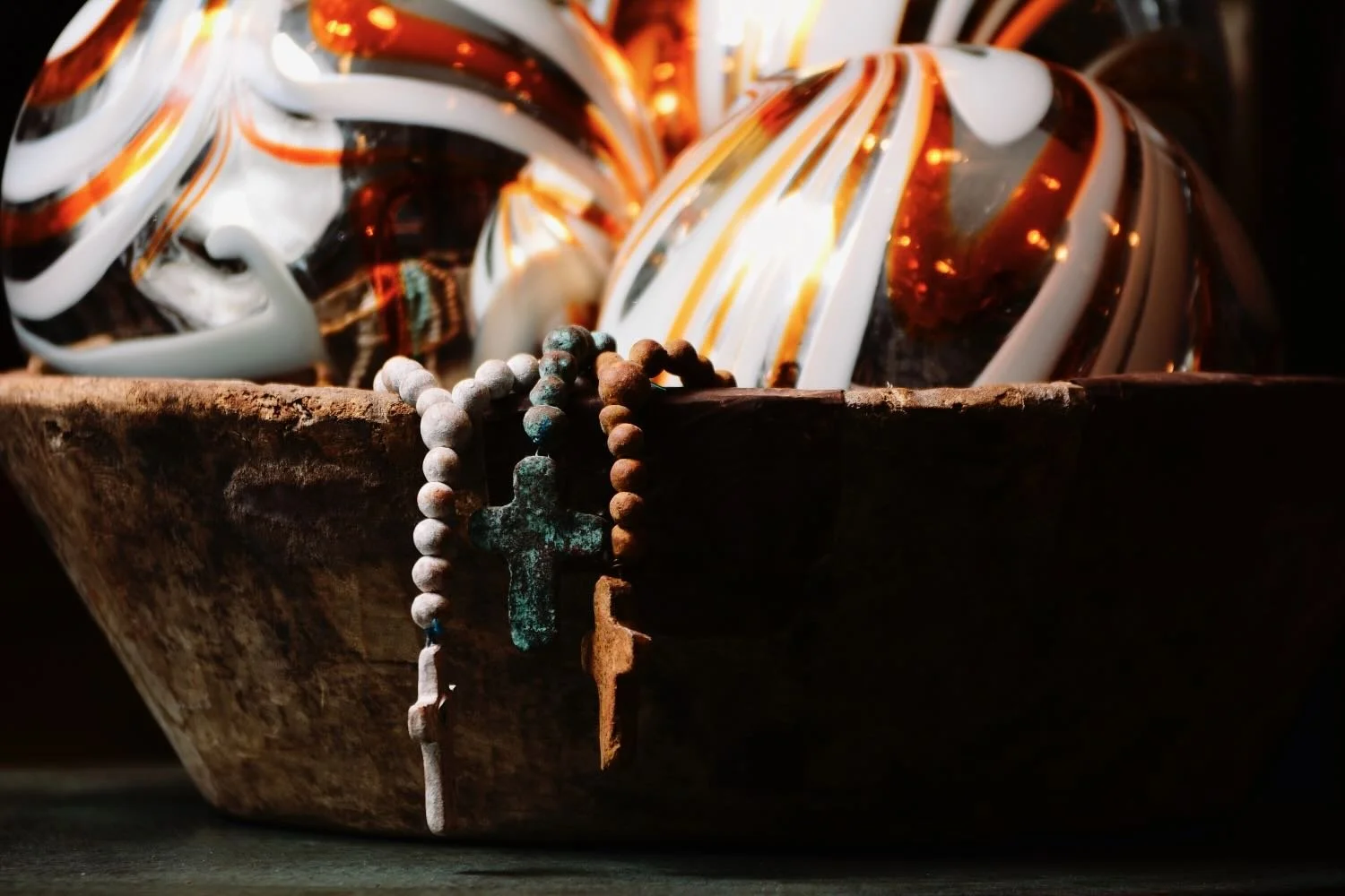 Handblown glass spheres and terracotta rosary beads from Mexico