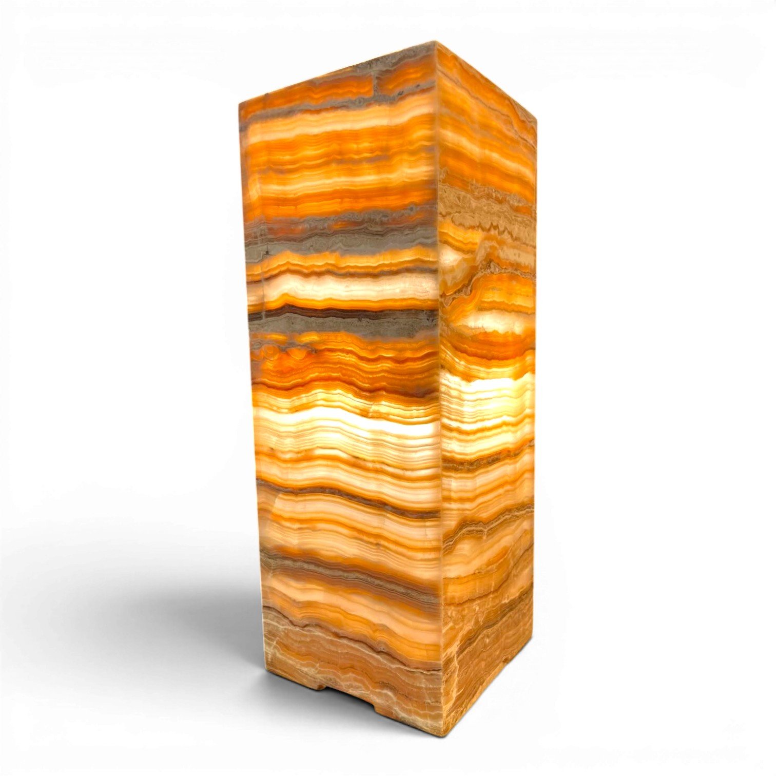 Handmade Mexican square onyx lamp with warm glowing natural stone and coastal luxury style